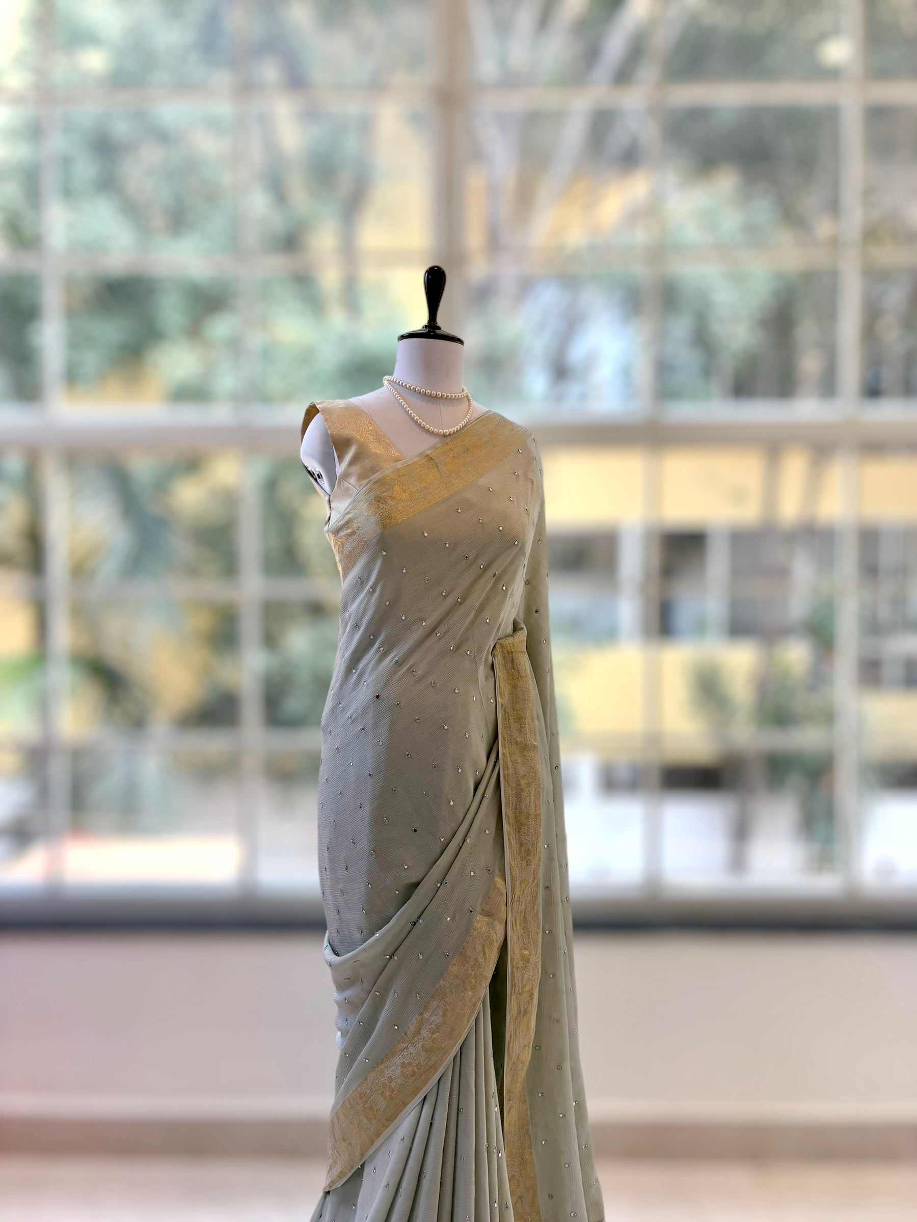 Marble chiffon mirror work saree - Grey