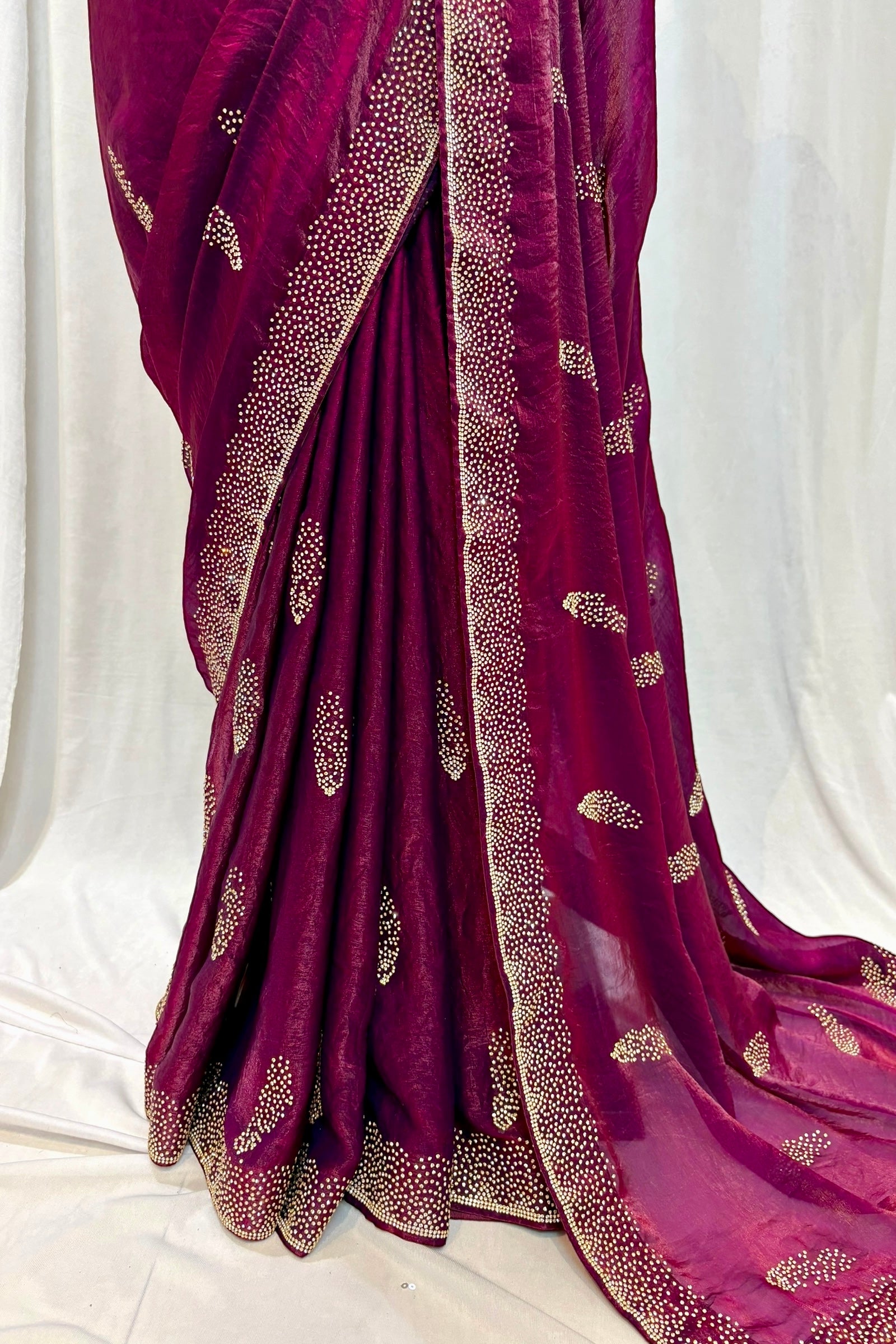 Wine swarovski fendy satin saree