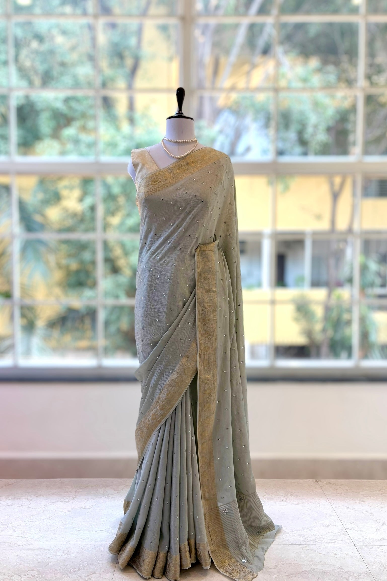 Marble chiffon mirror work saree - Grey