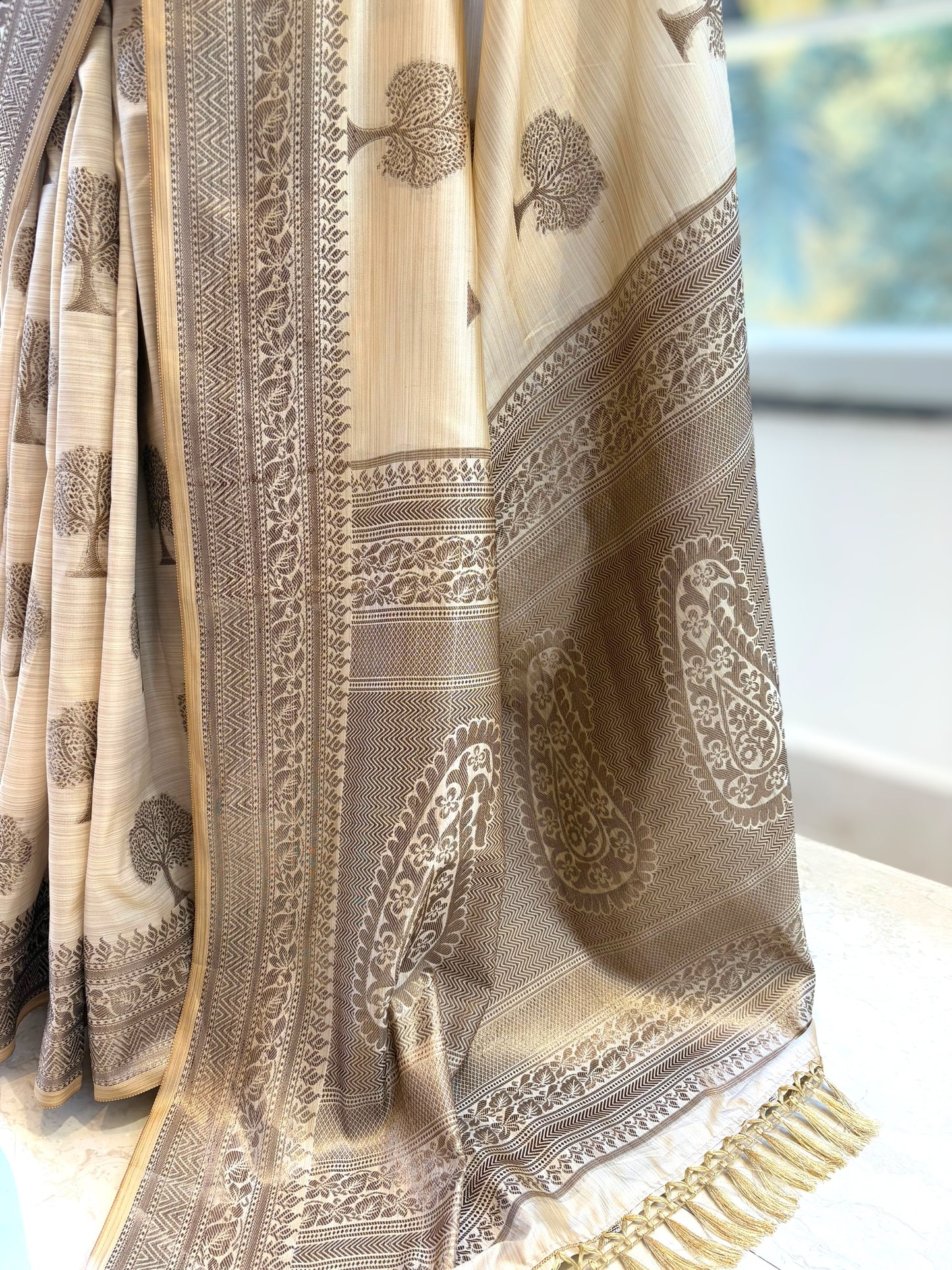 Beige soft silk printed saree