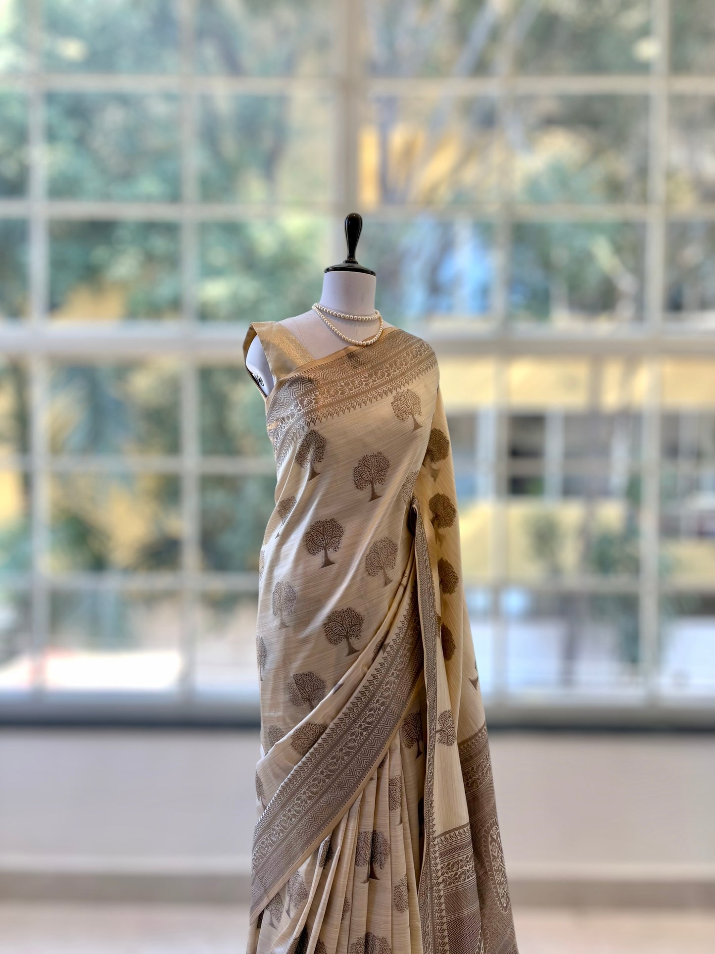 Beige soft silk printed saree
