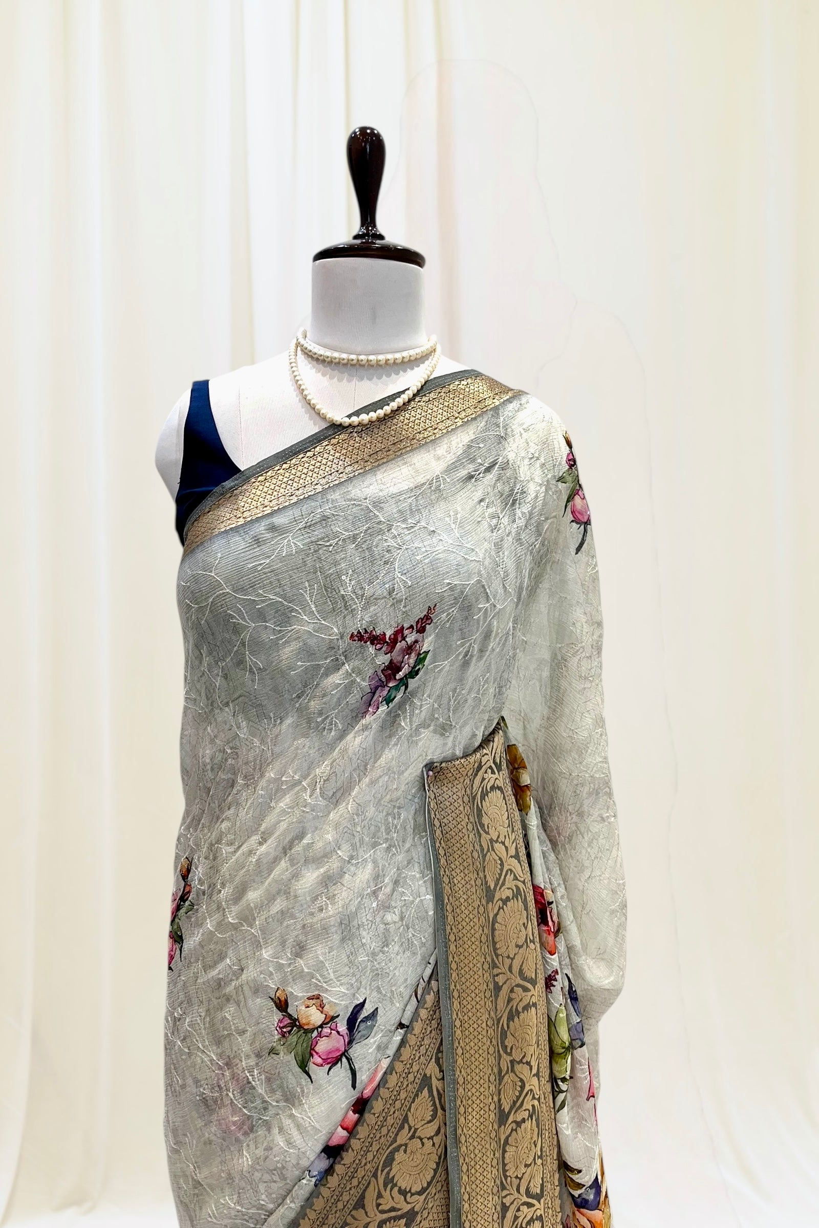 Printed zari chiffon saree