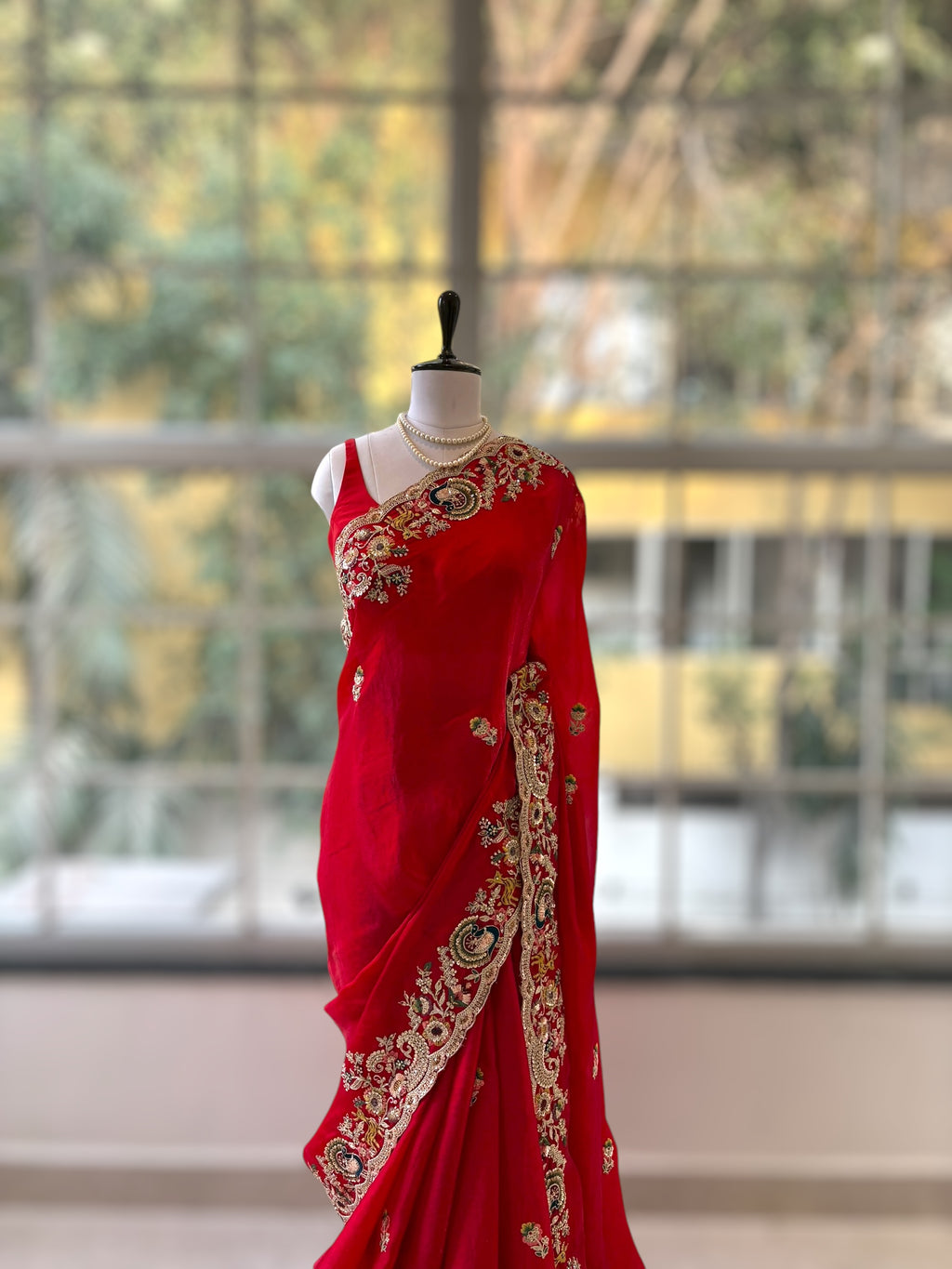 Red fendy satin designer work saree