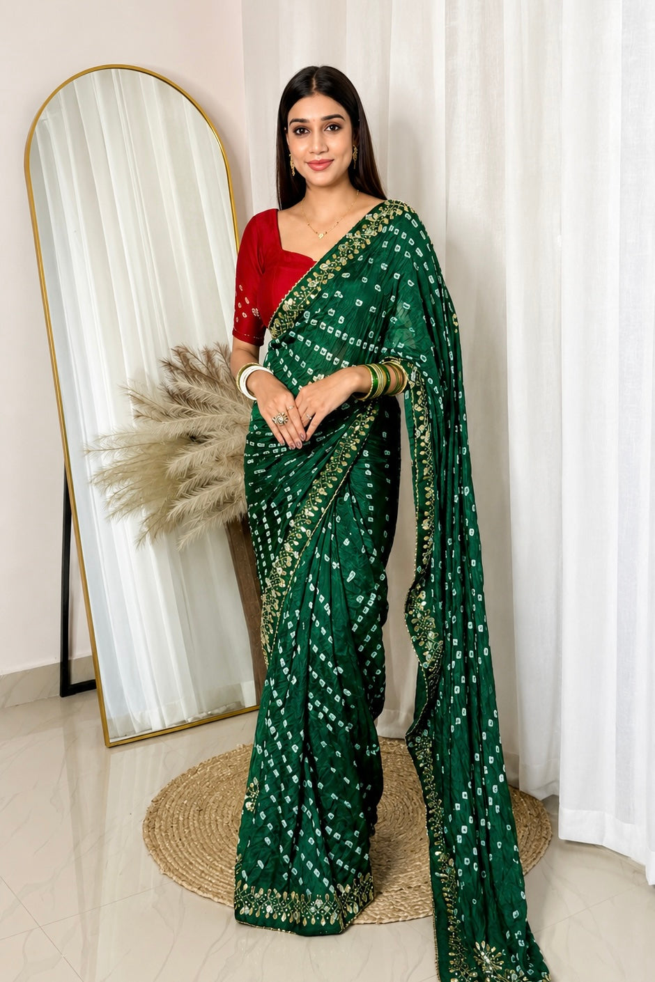Pure viscose bandhani saree - Green