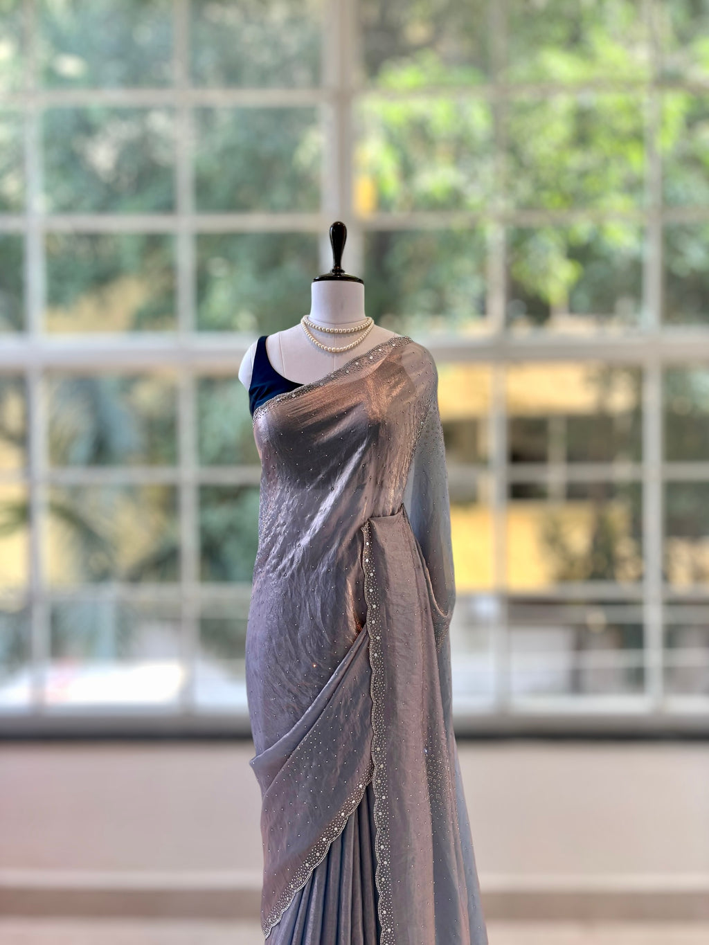 Swarovski shimmer satin saree - Grey