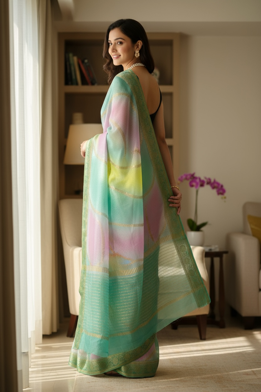 Multicolour Chiffon Threadwork Saree - Blue