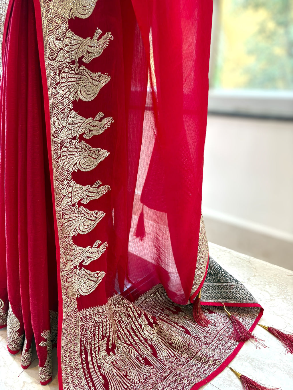 Red embellished fendy satin saree - Figure border