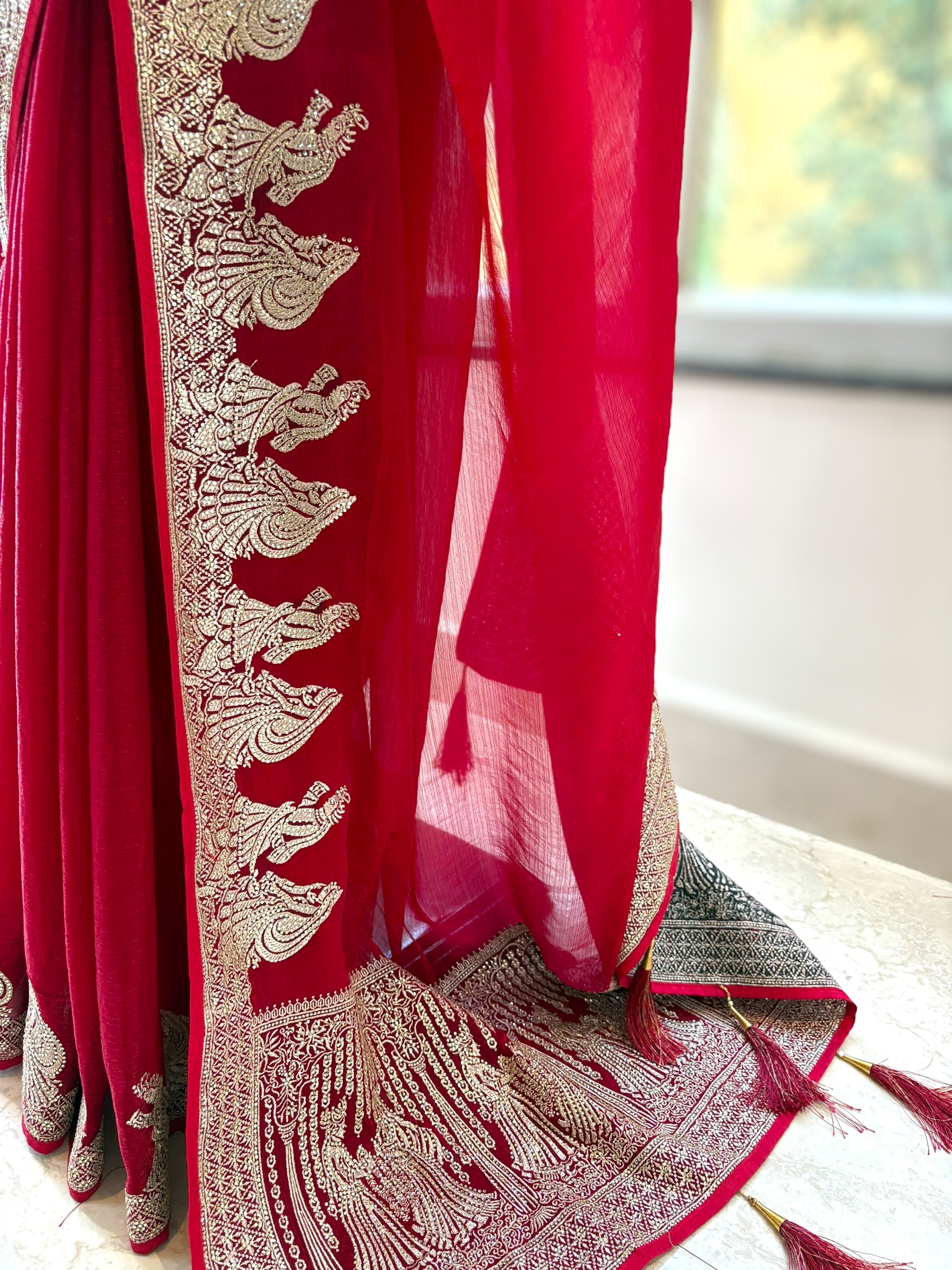 Red embellished fendy satin saree - Figure border