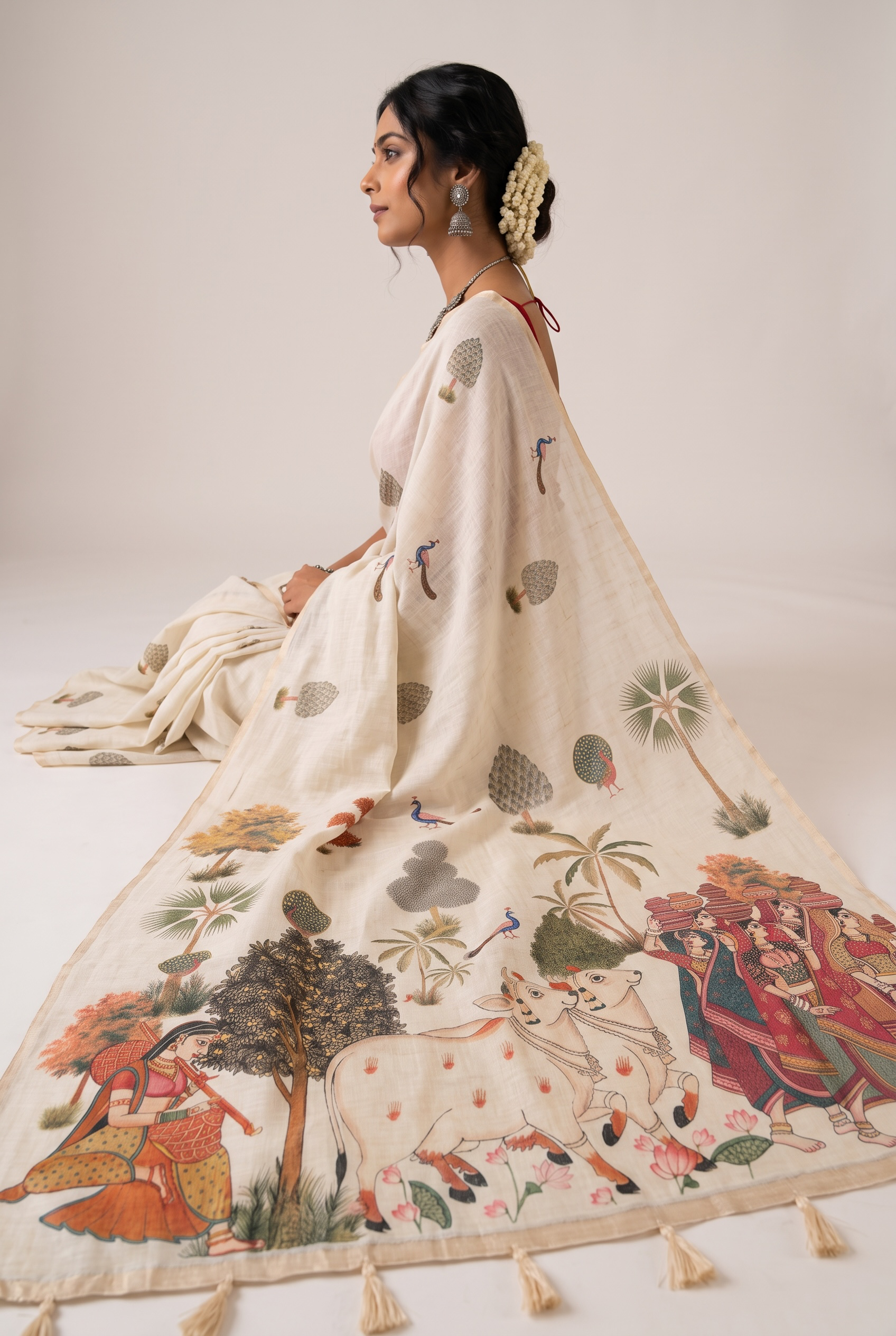 Beige printed soft cotton linen saree