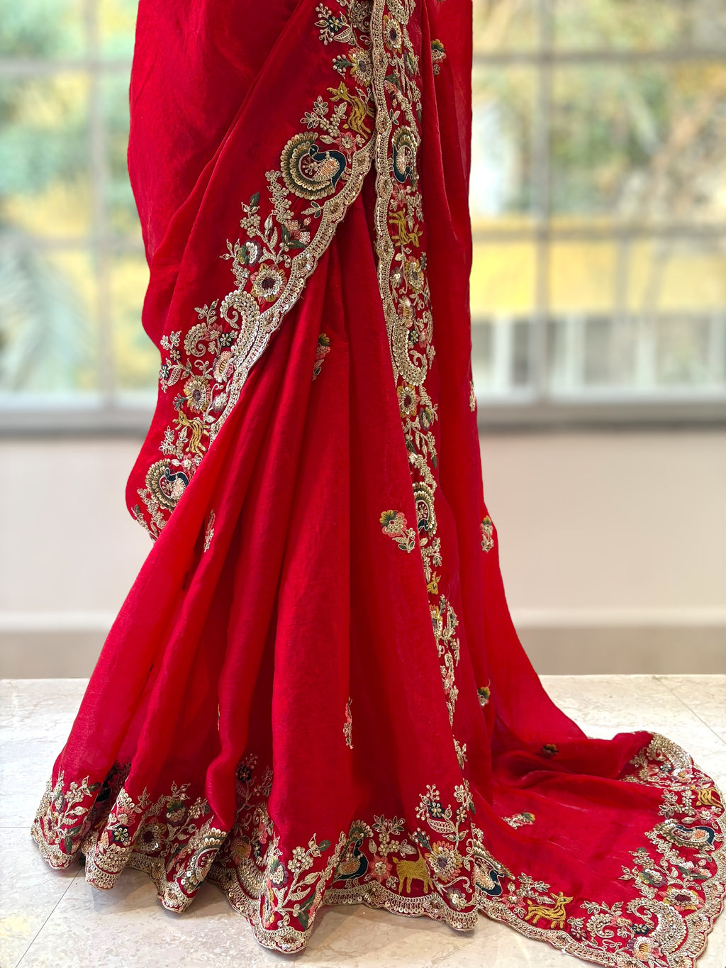 Red fendy satin designer work saree