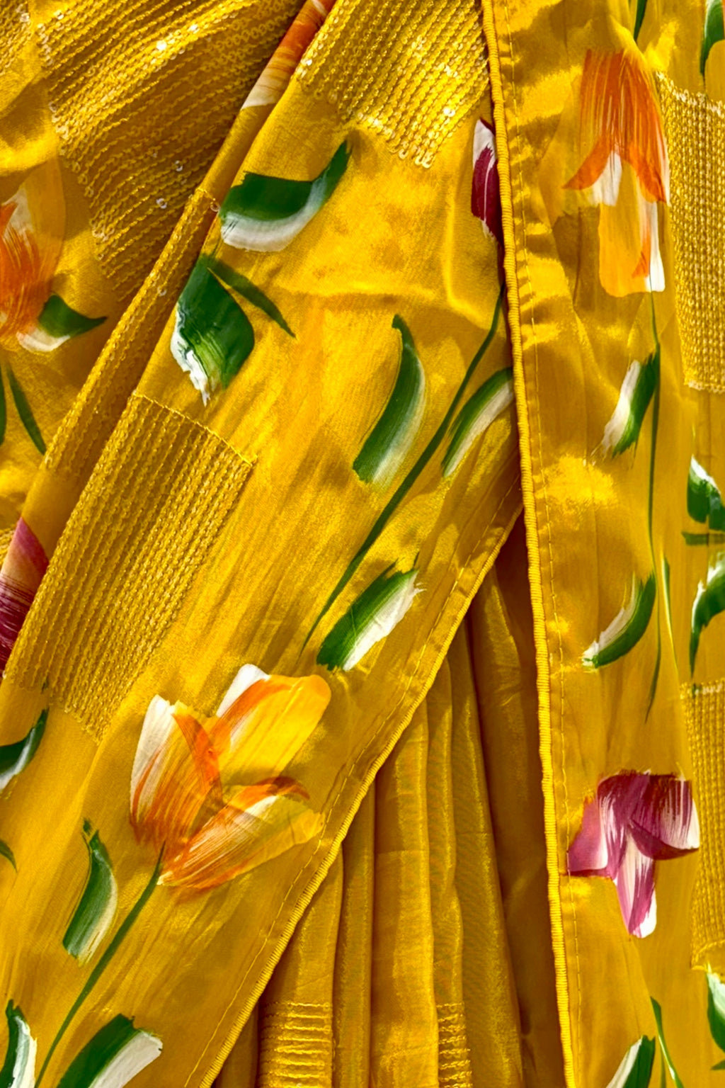 Floral sequins organza saree - Musturd