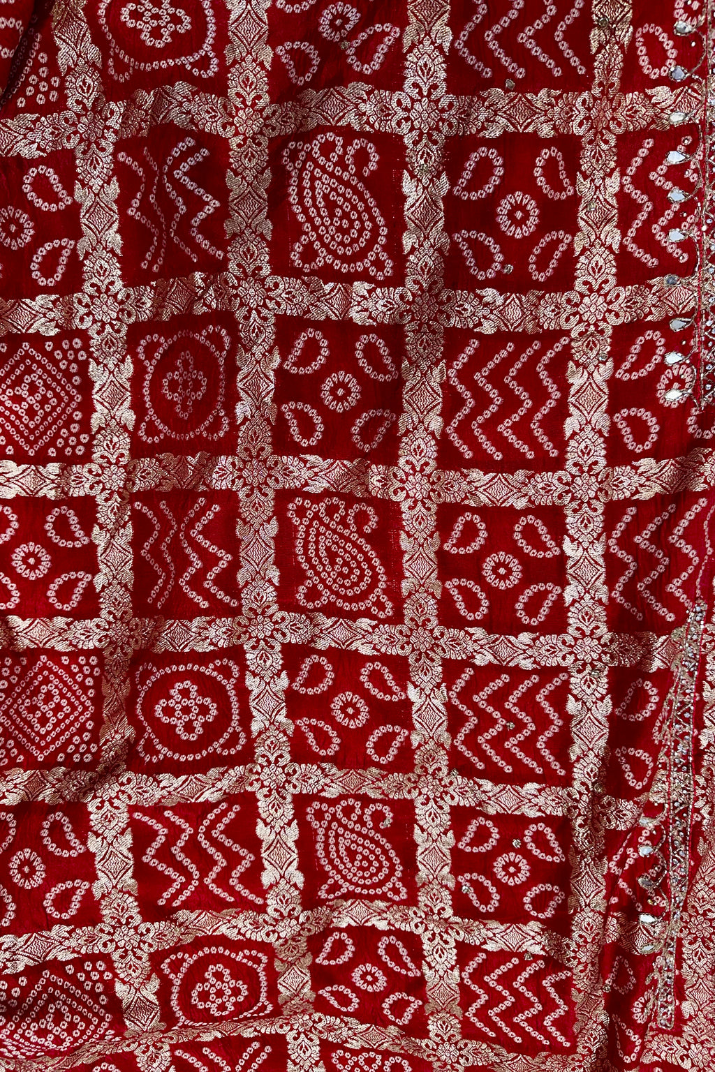 Golden red soft tissue mirror work saree