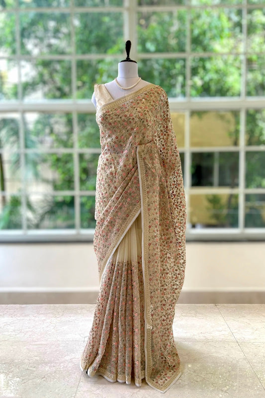 Floral embroidered chiffon saree - Golden