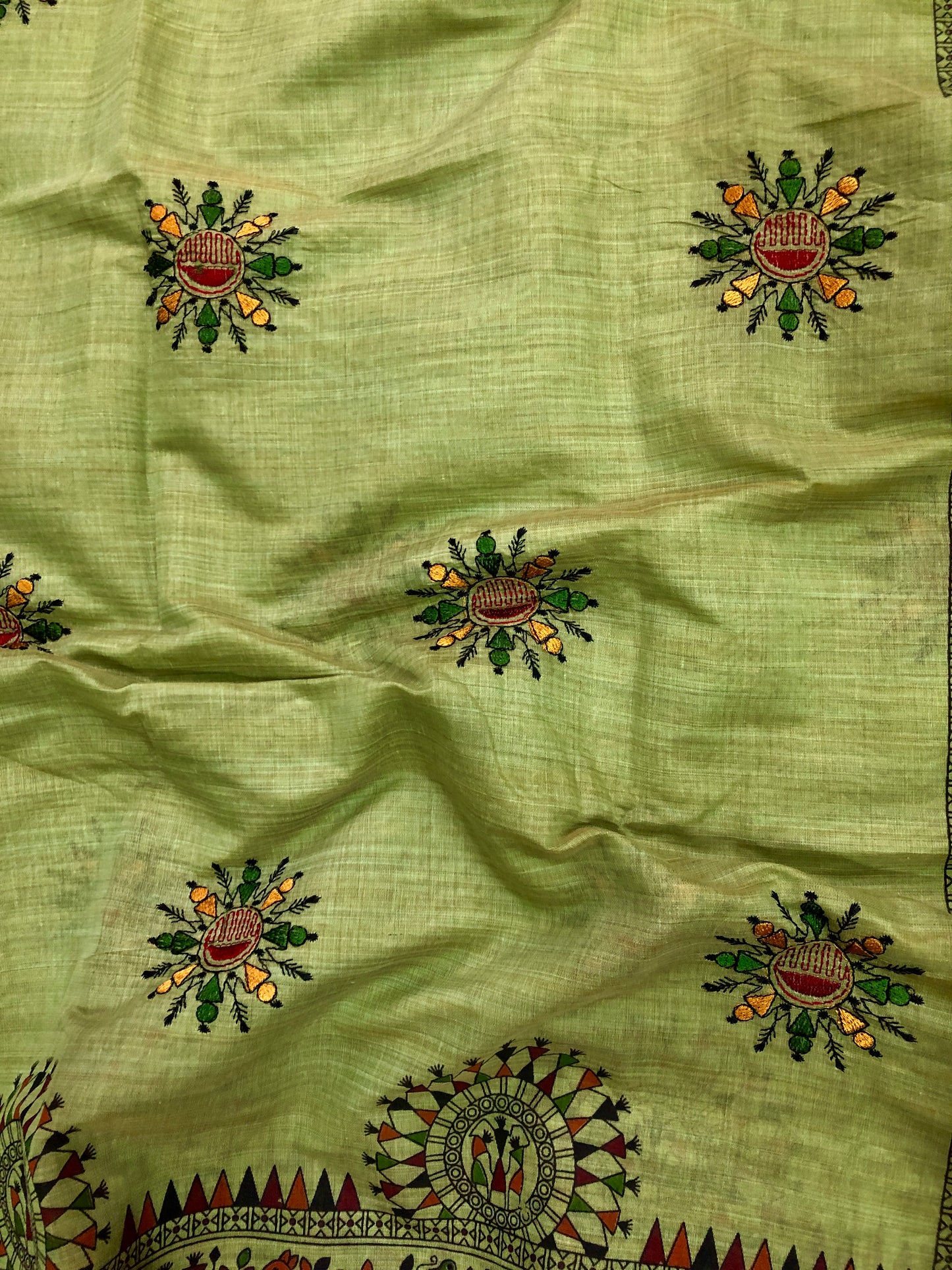 Embroidered Cotton Saree - Green
