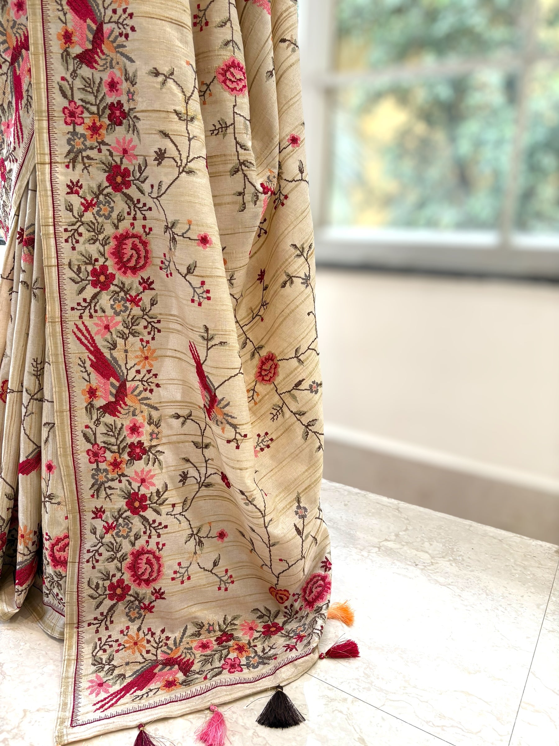 Beige resham threadwork saree