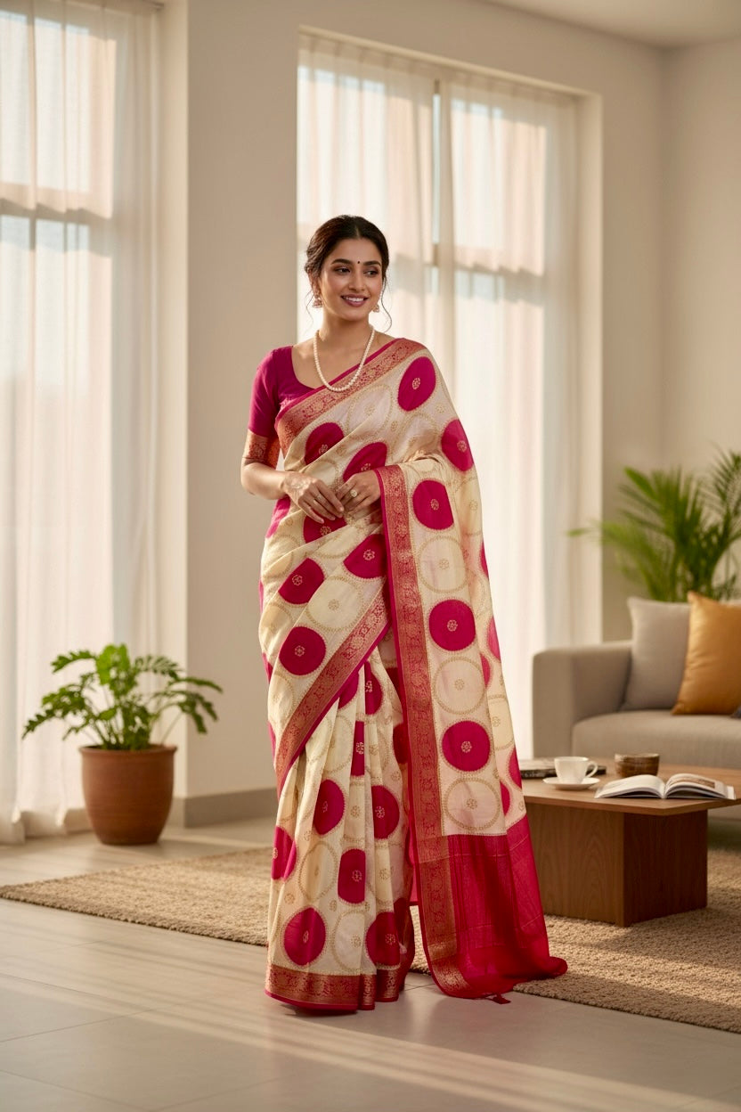 Off White Pure Dola Silk Saree