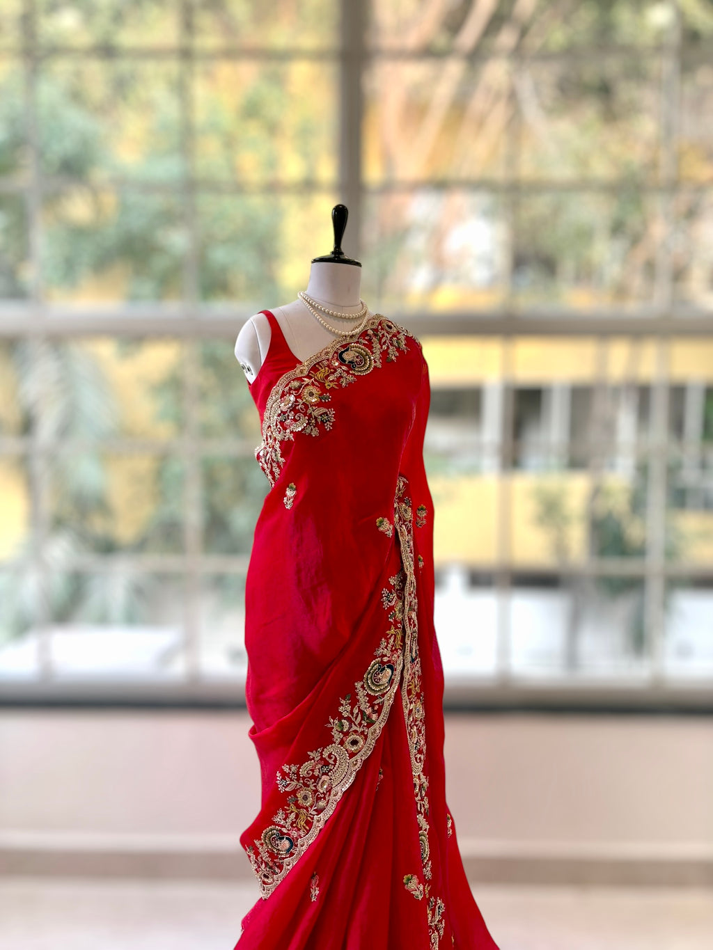 Red fendy satin designer work saree