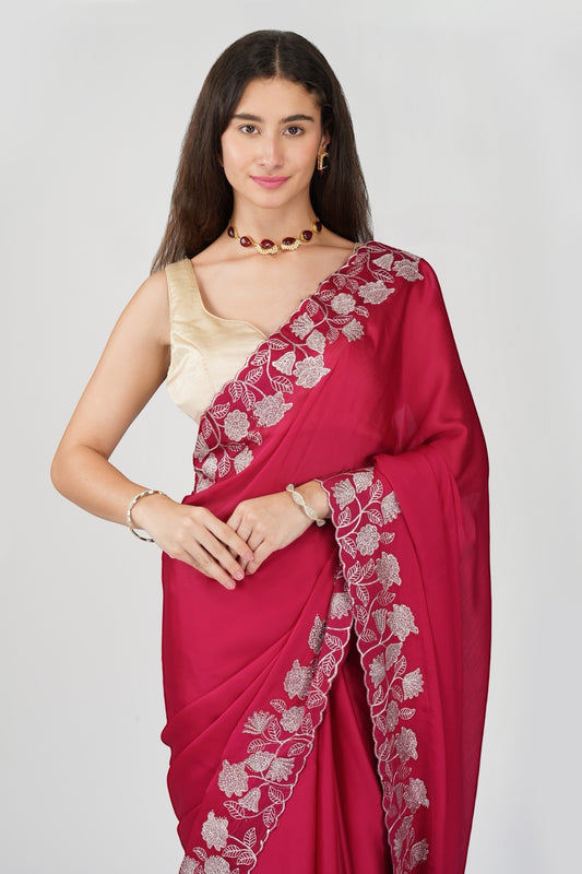 Pink floral embellished chiffon saree