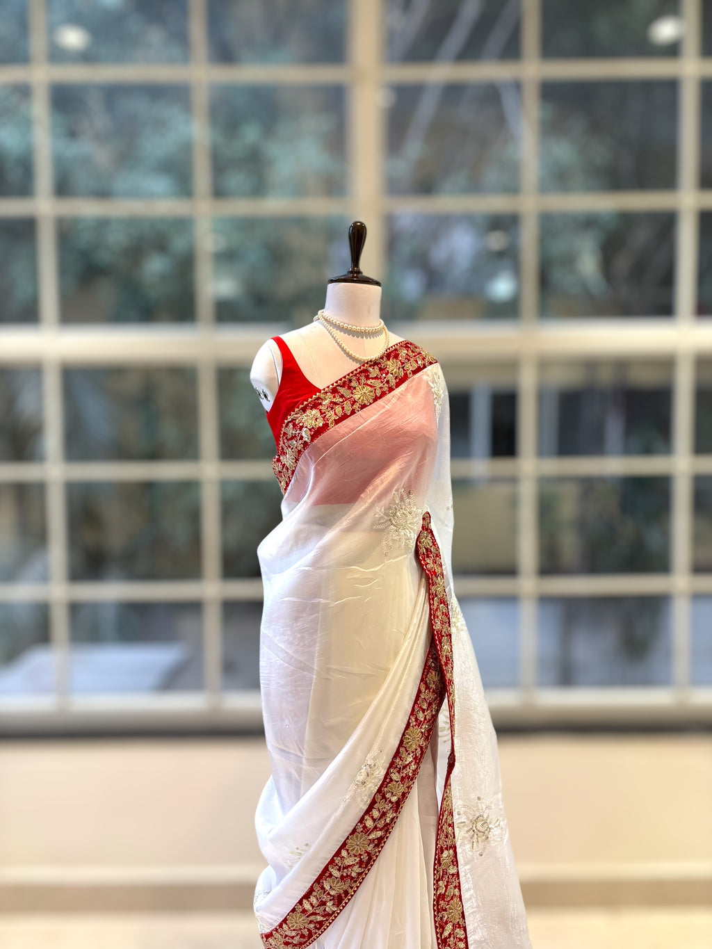 Soft organza embroidered saree - White