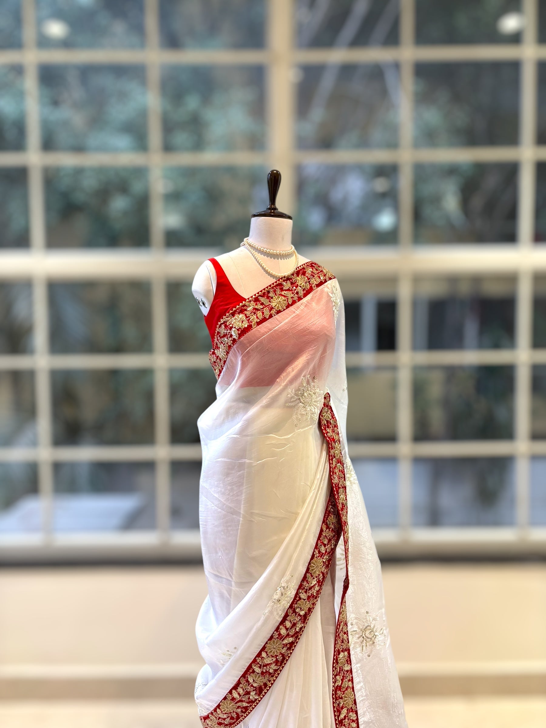 Soft organza embroidered saree - White