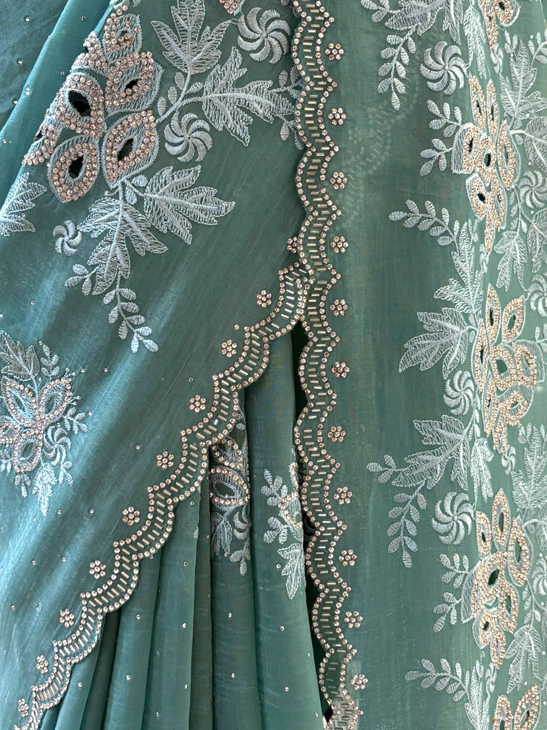 Emerald green shimmer chiffon saree