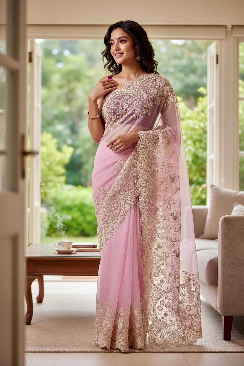 Organza zariwork saree - Pink