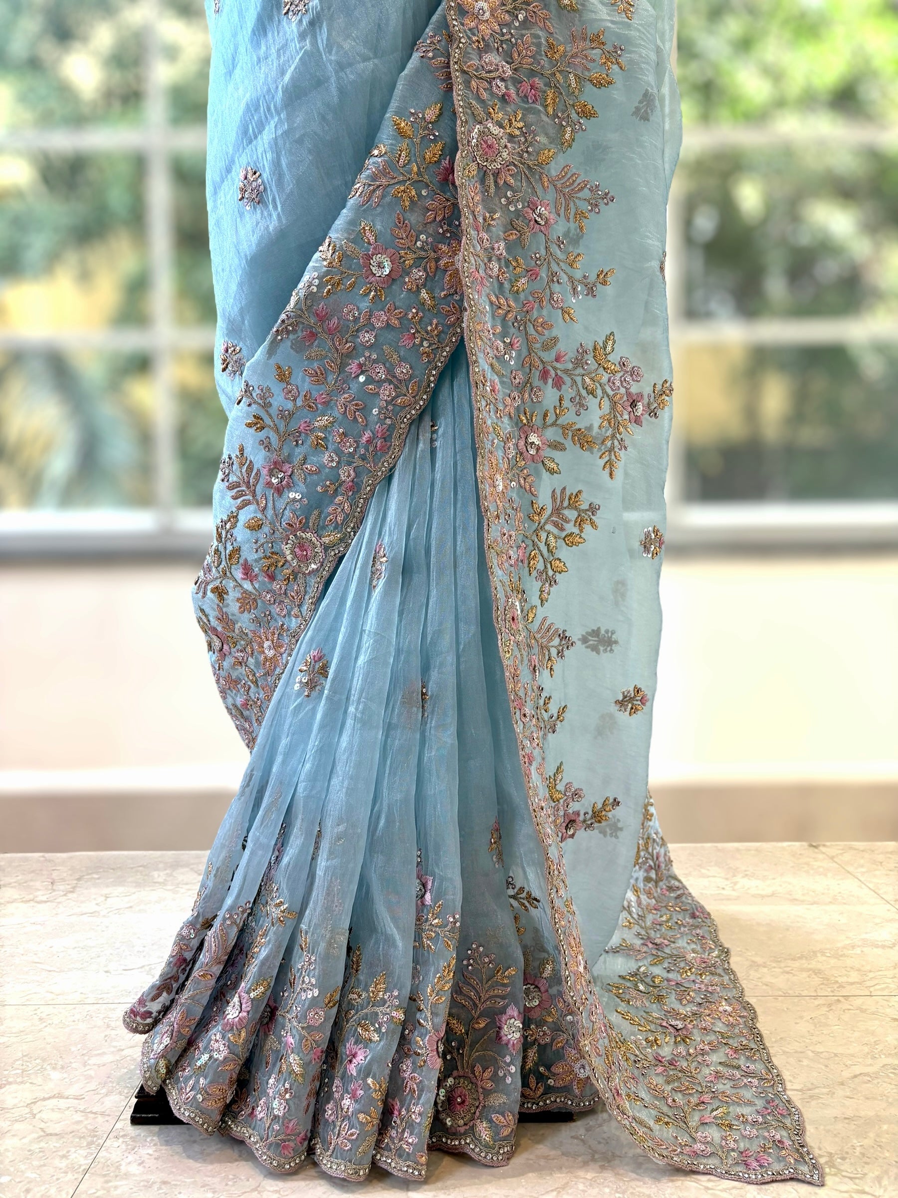 Blue Organza Embellished Saree