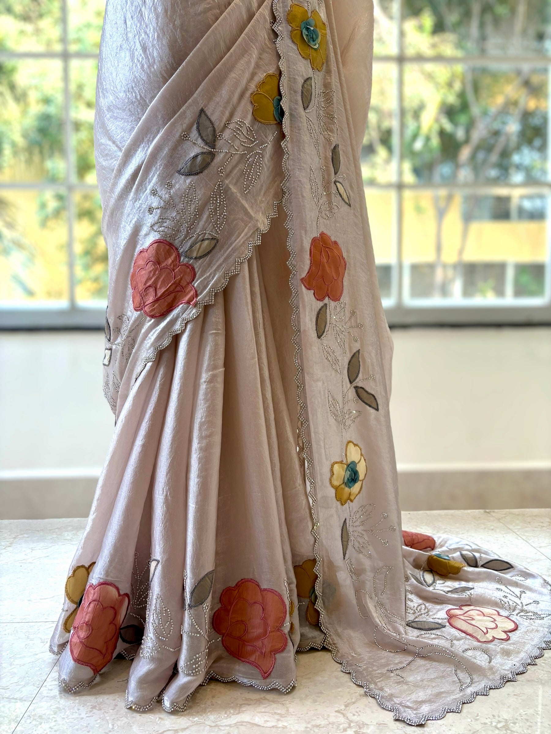 Fendy satin floral stone work saree - Nude