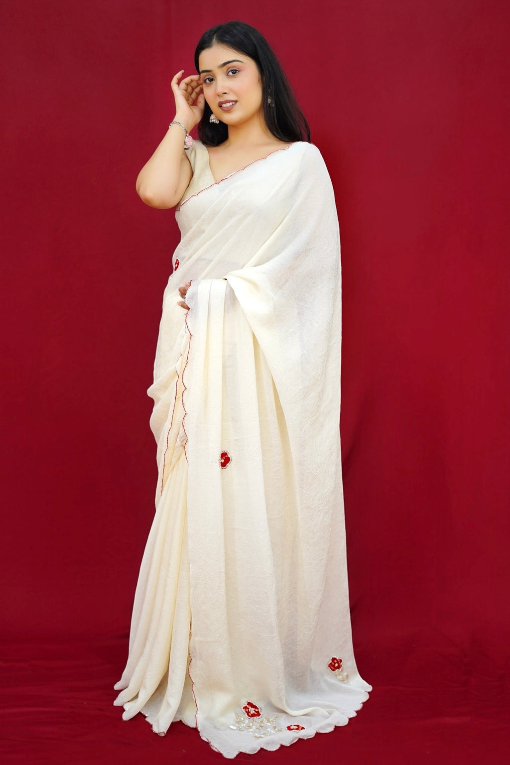 Dola silk bandhani embellished saree - Off White