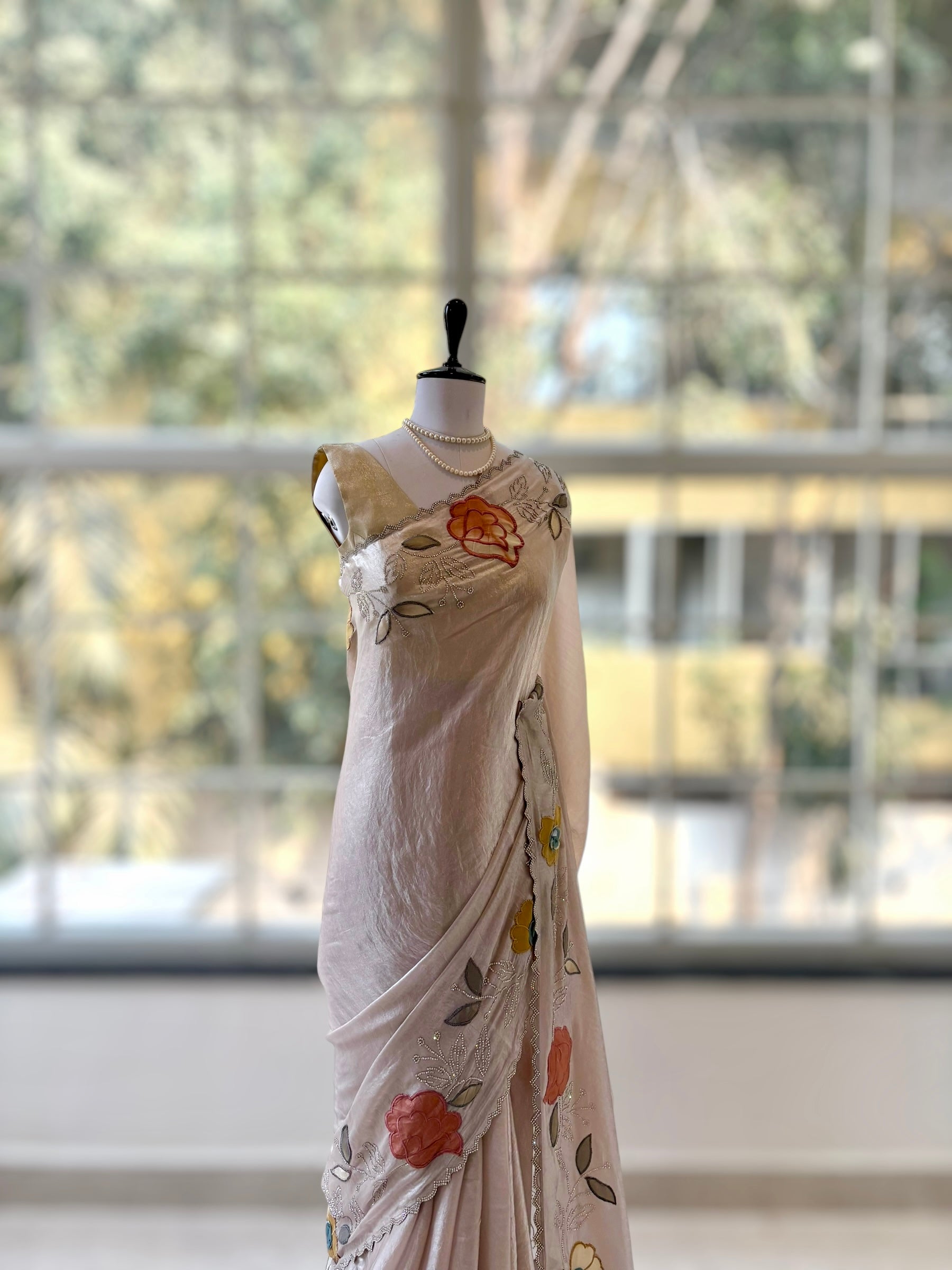 Fendy satin floral stone work saree - Nude