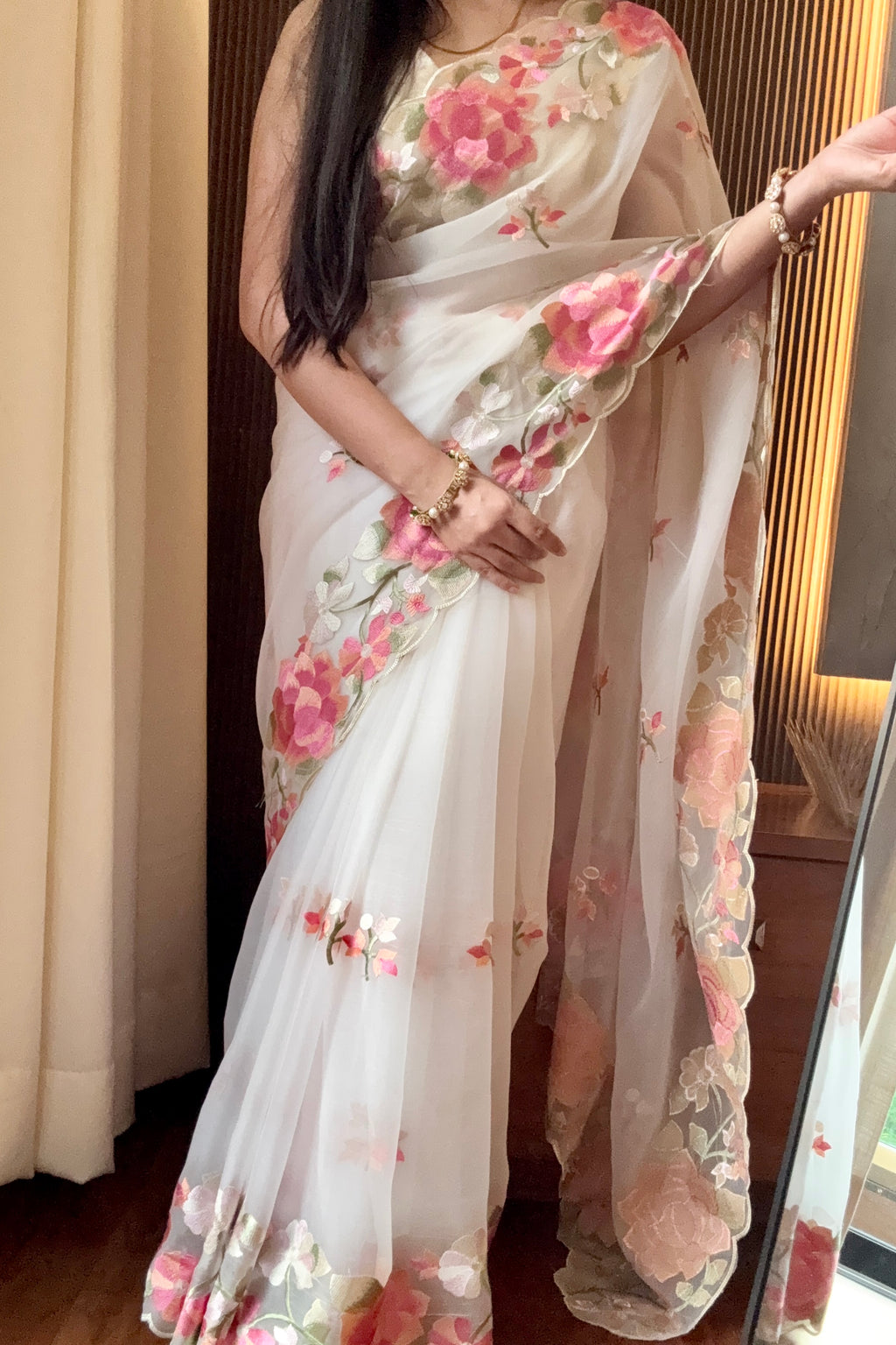 White floral resham threadwork saree