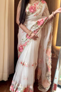 White floral resham threadwork saree