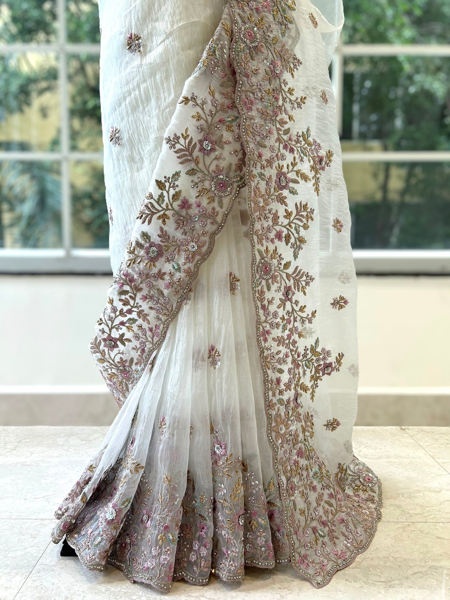 White organza embellished saree