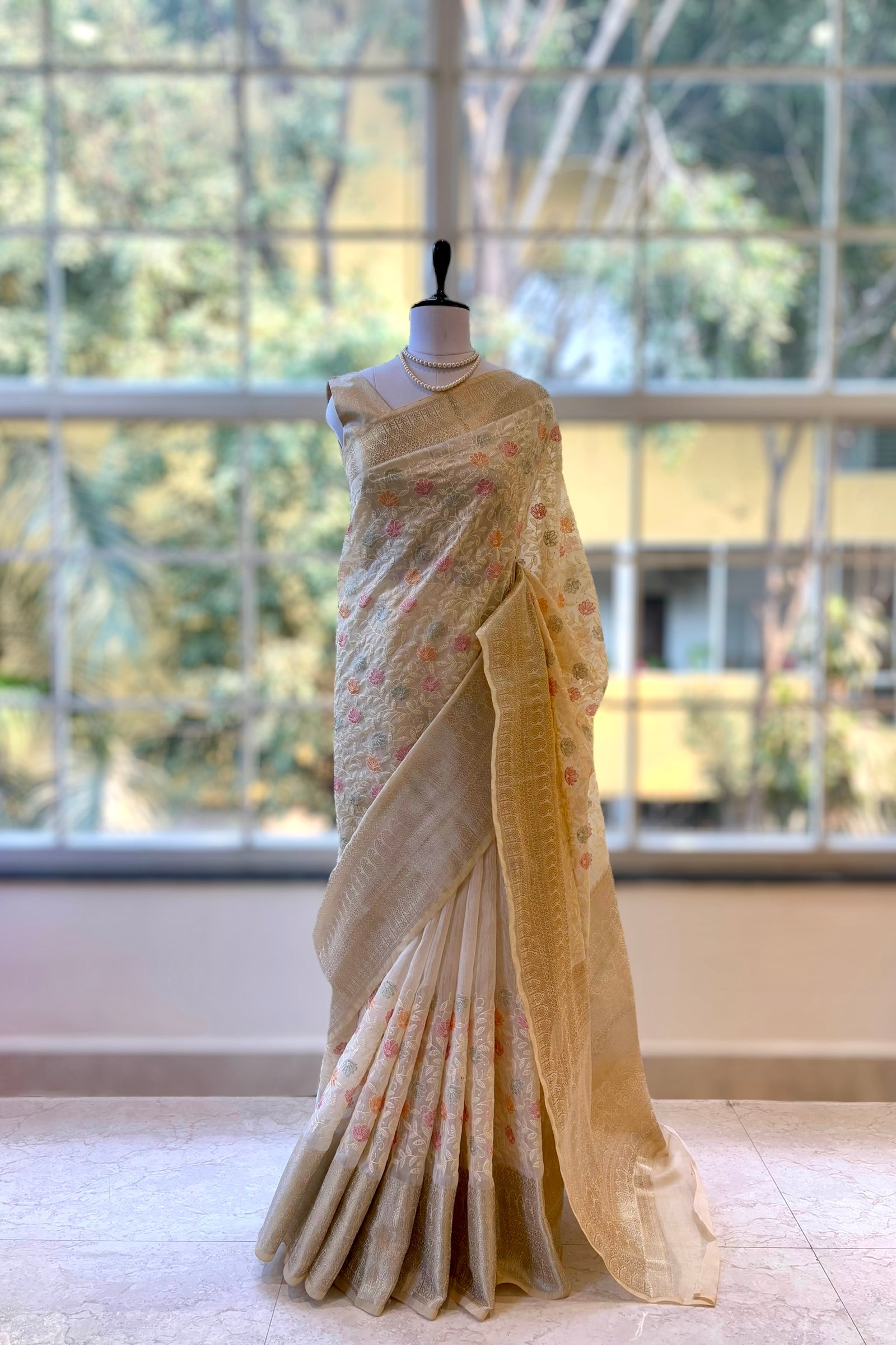 Floral embroidered threadwork saree - Multicolor