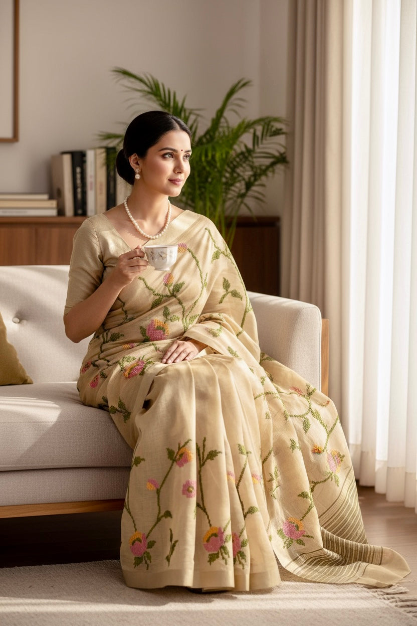 Golden resham work zari saree