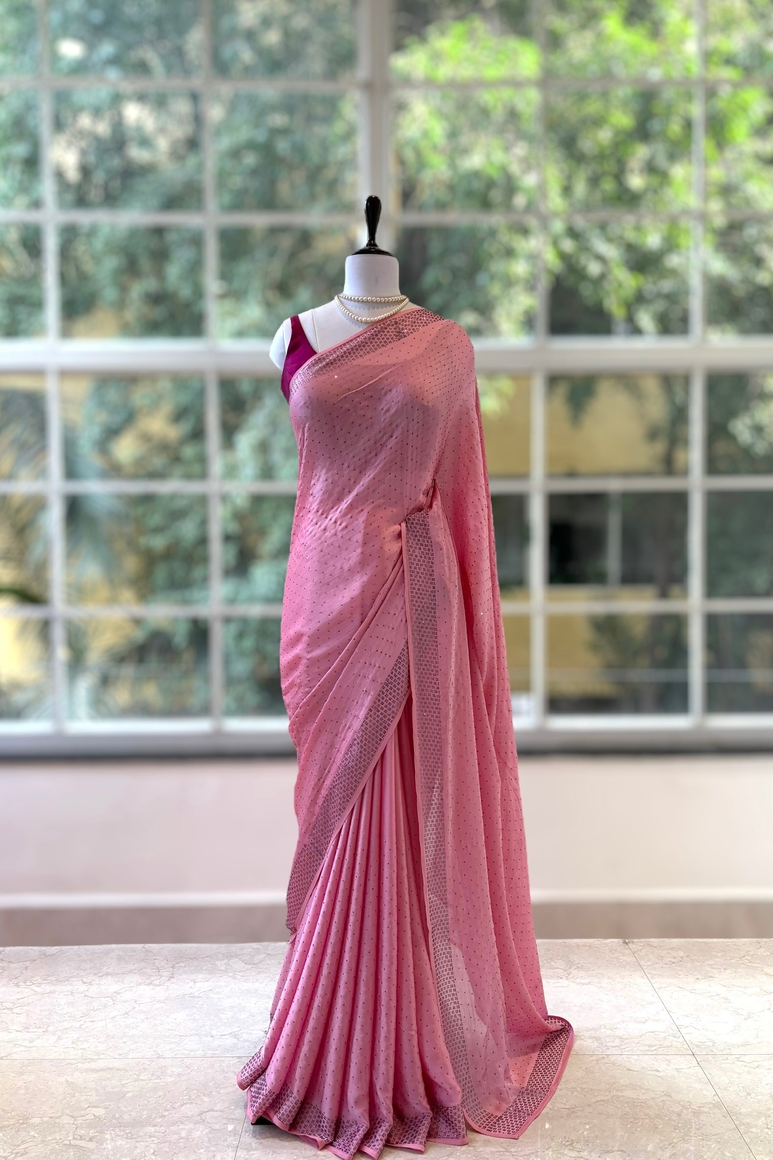 Pink swarovski satin saree