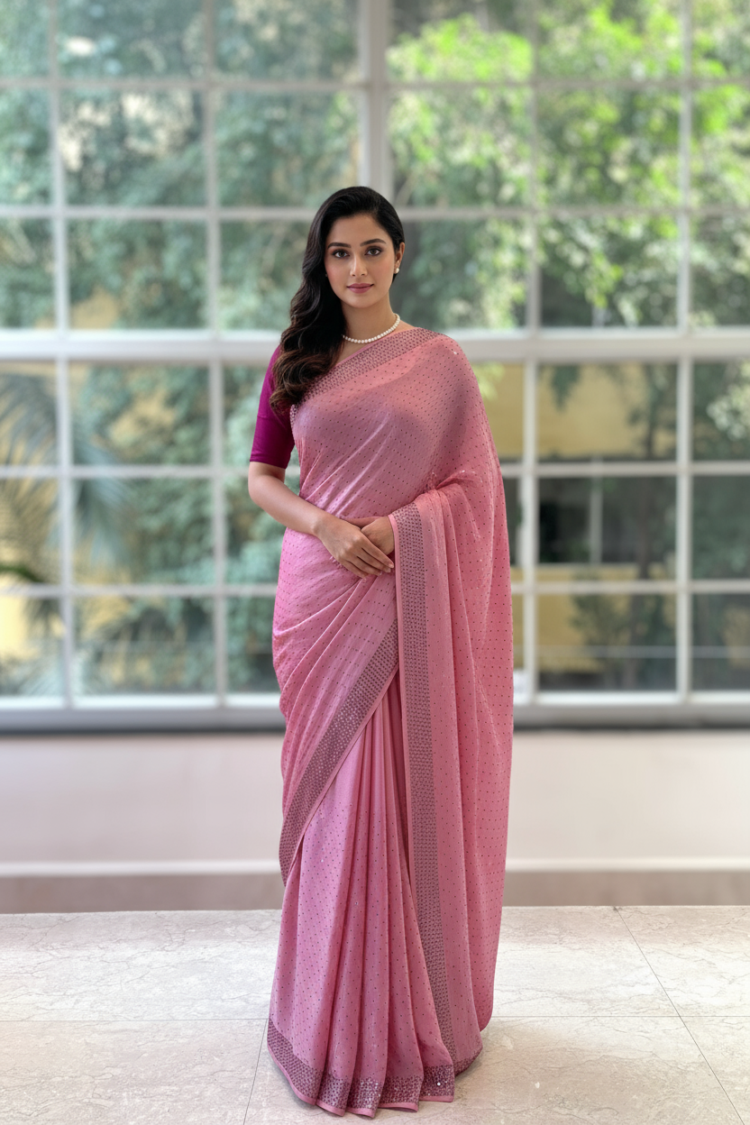 Pink swarovski satin saree