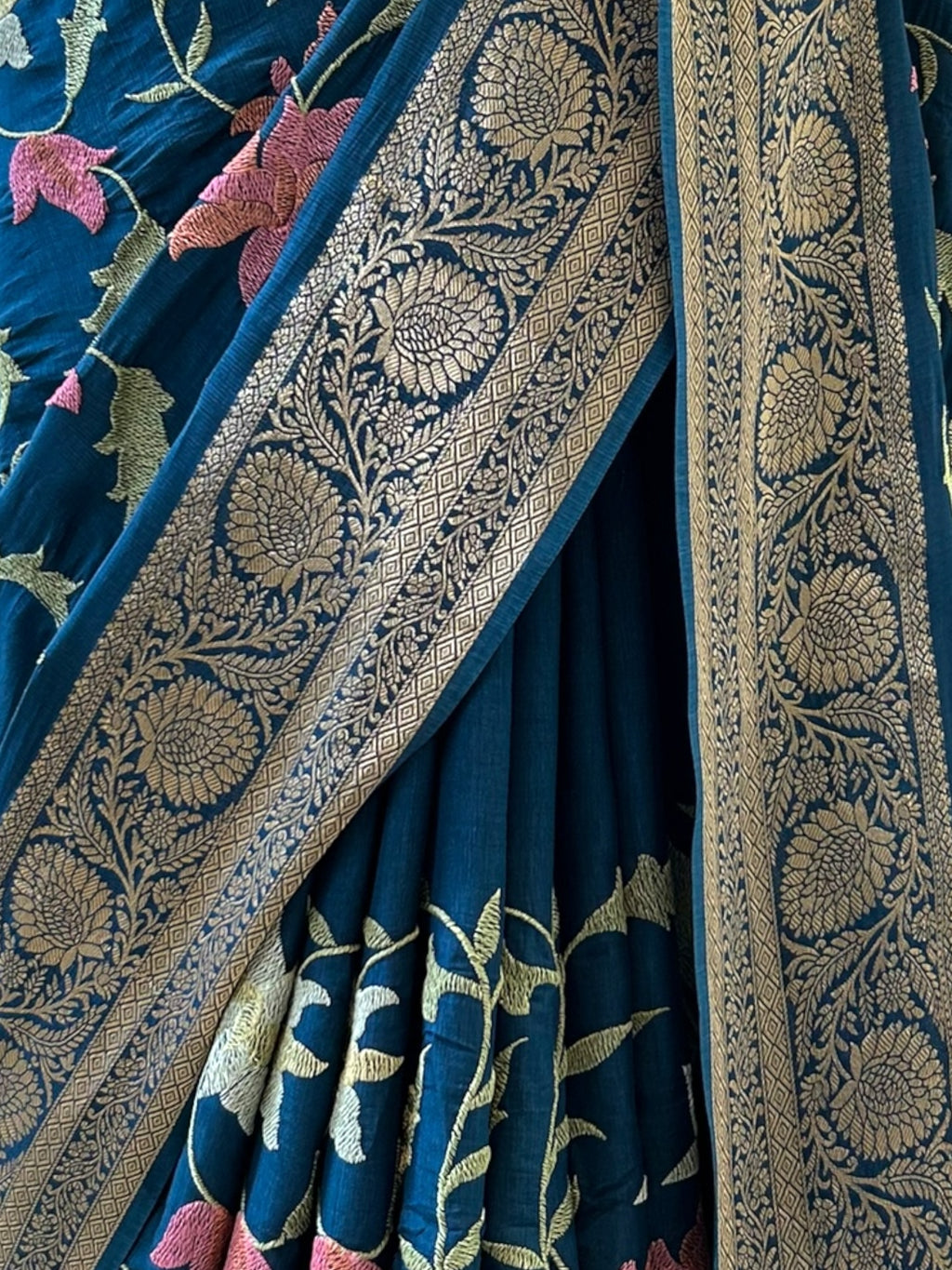 Resham embroidered saree - Teal blue