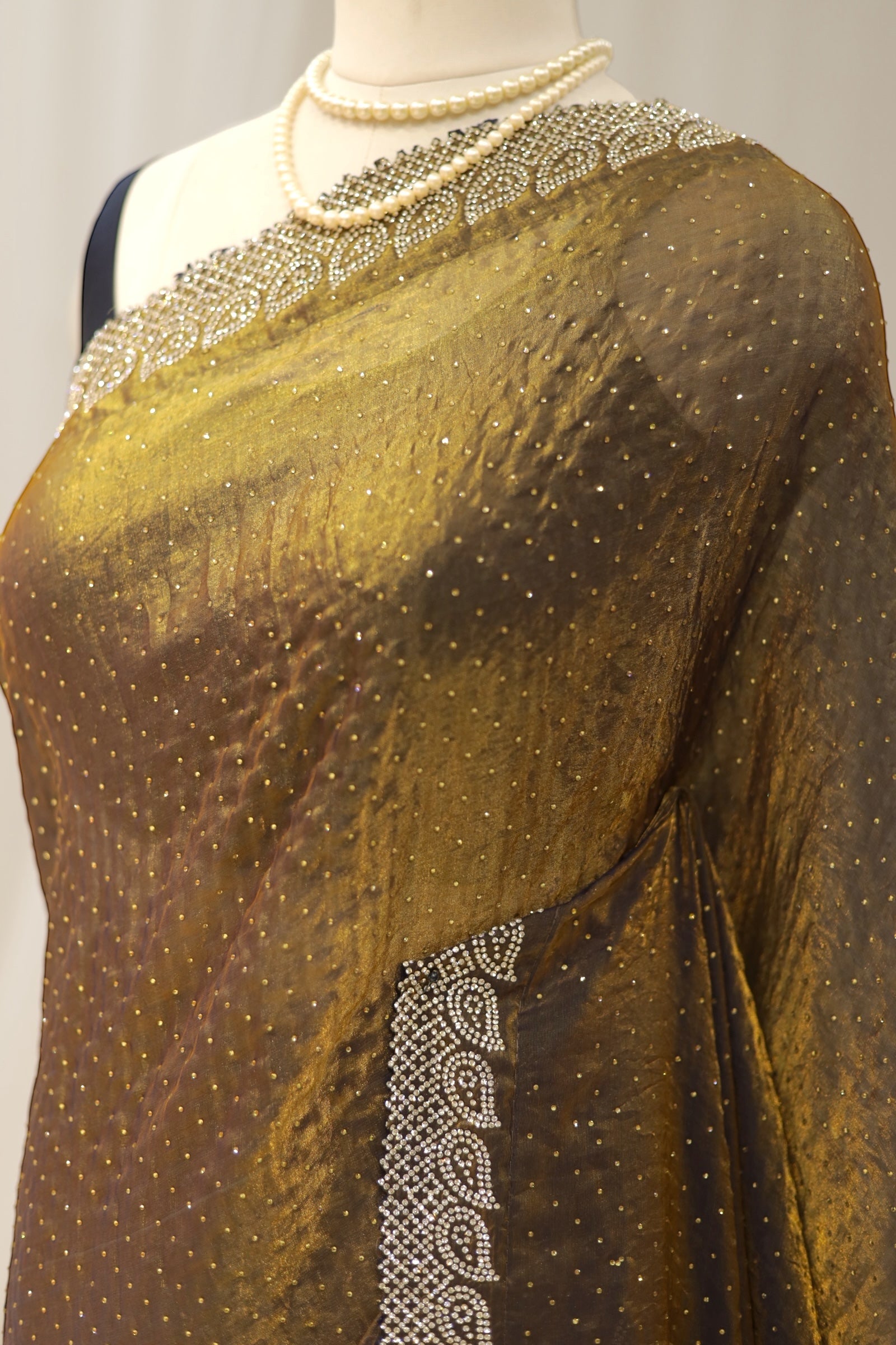 Golden fendy satin shimmer saree