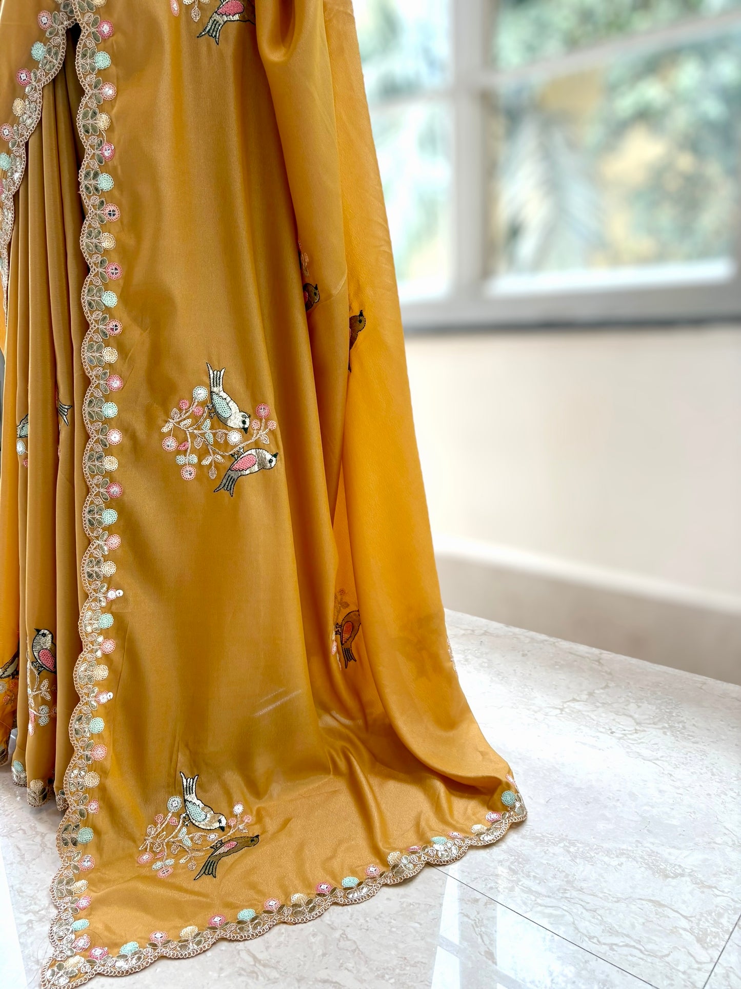 Yellow soft organza embellished saree