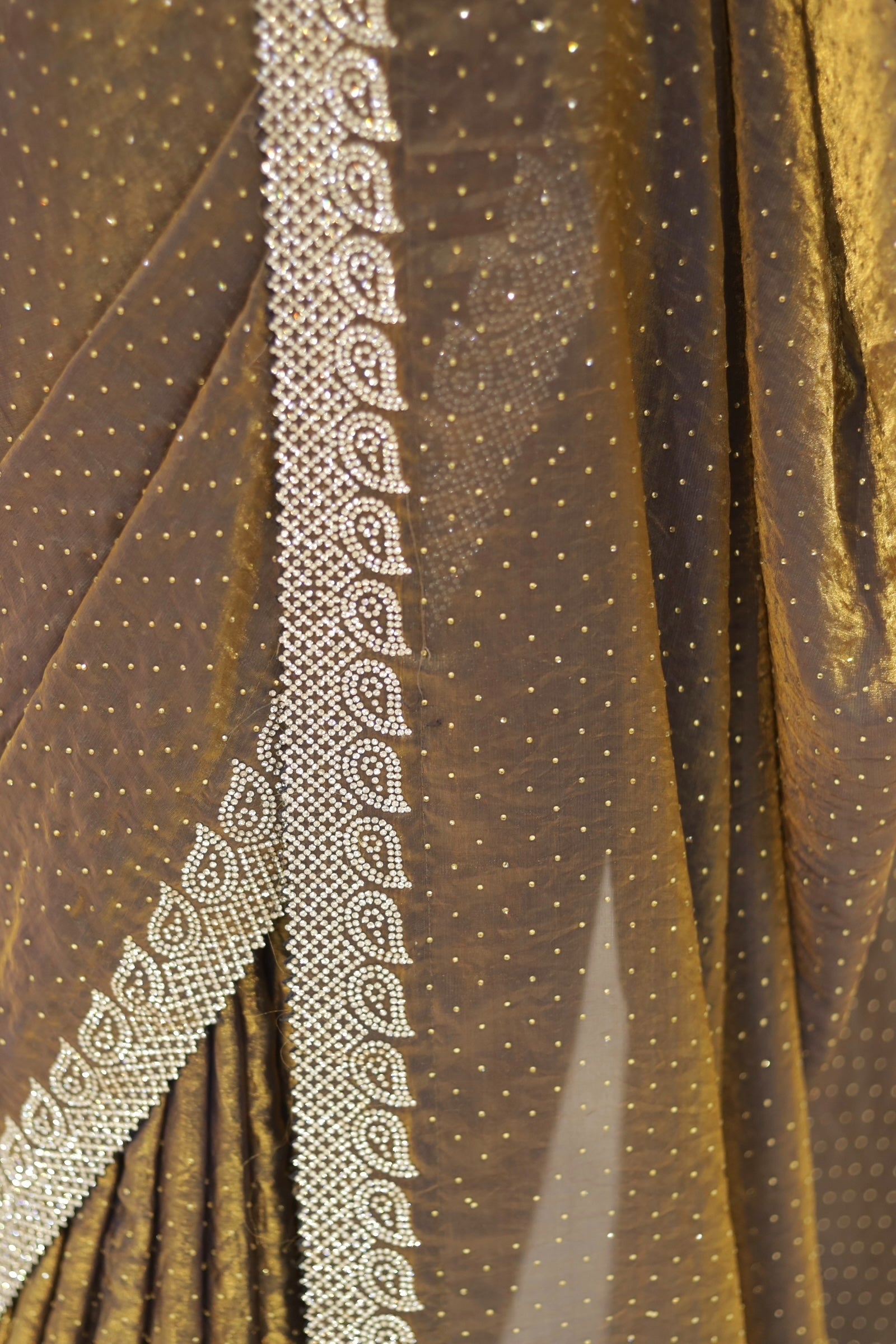 Golden fendy satin shimmer saree