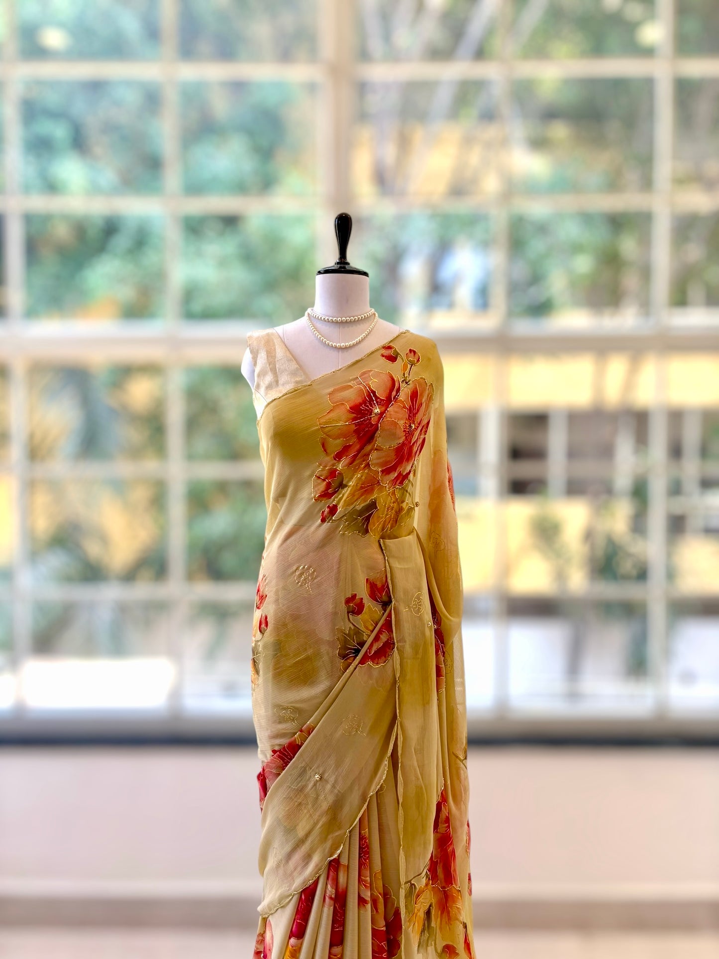 Floral chiffon embellished saree - Golden