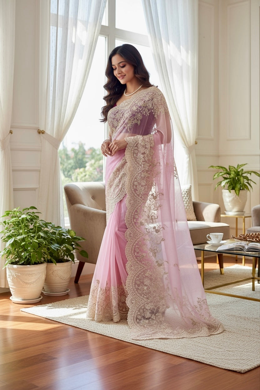 Organza zariwork saree - Pink