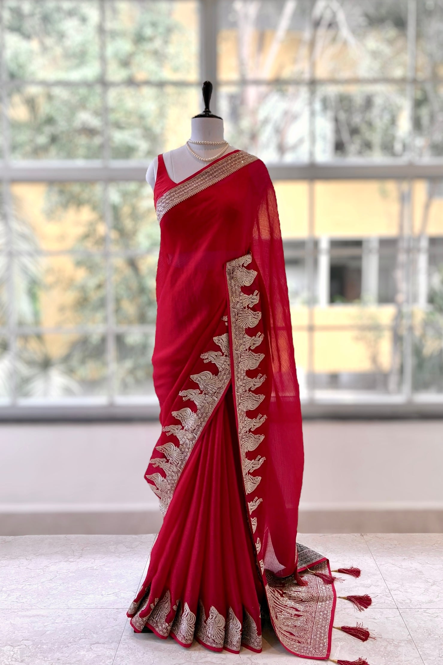 Red embellished fendy satin saree - Figure border