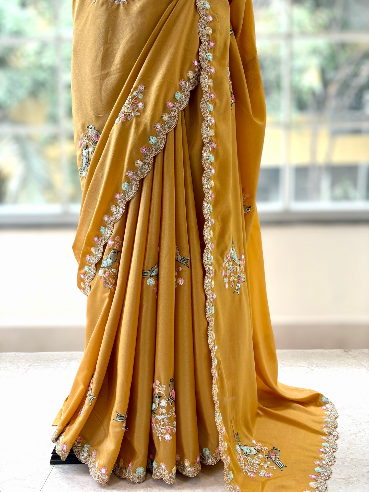 Yellow soft organza embellished saree