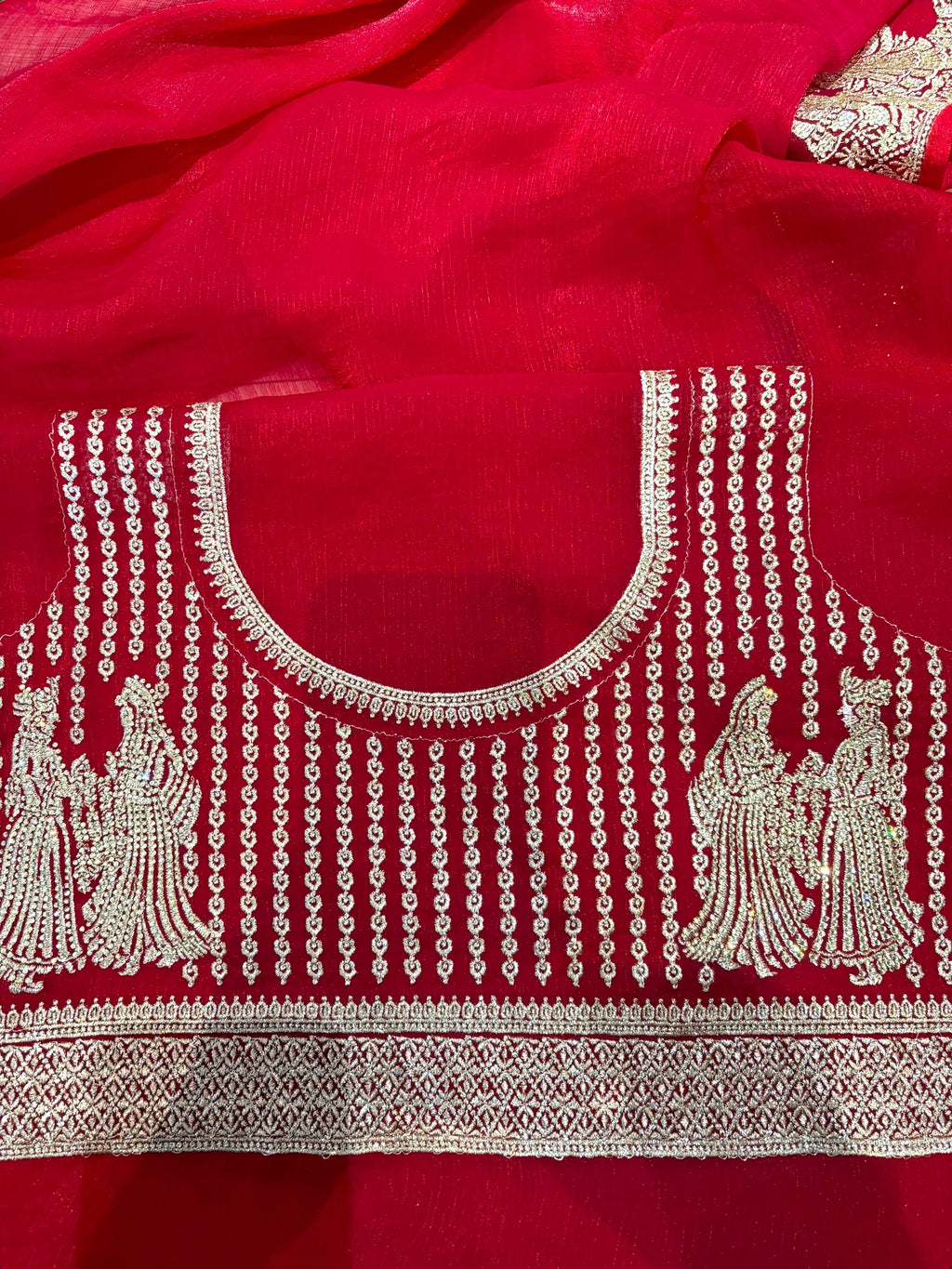 Red embellished fendy satin saree - Figure border