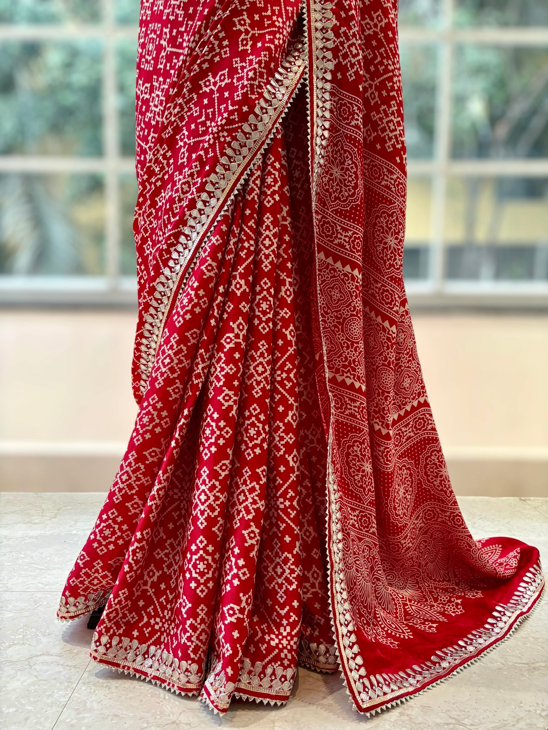 Ajrakh modal satin work saree - Red