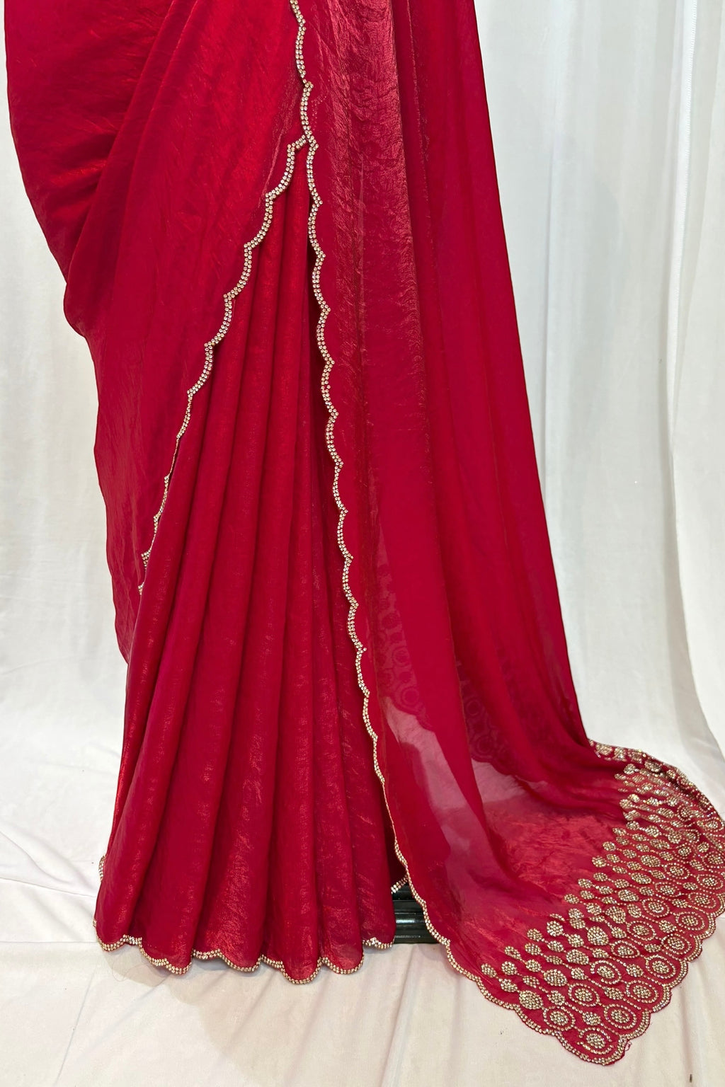 Crimson fendy satin embellished saree