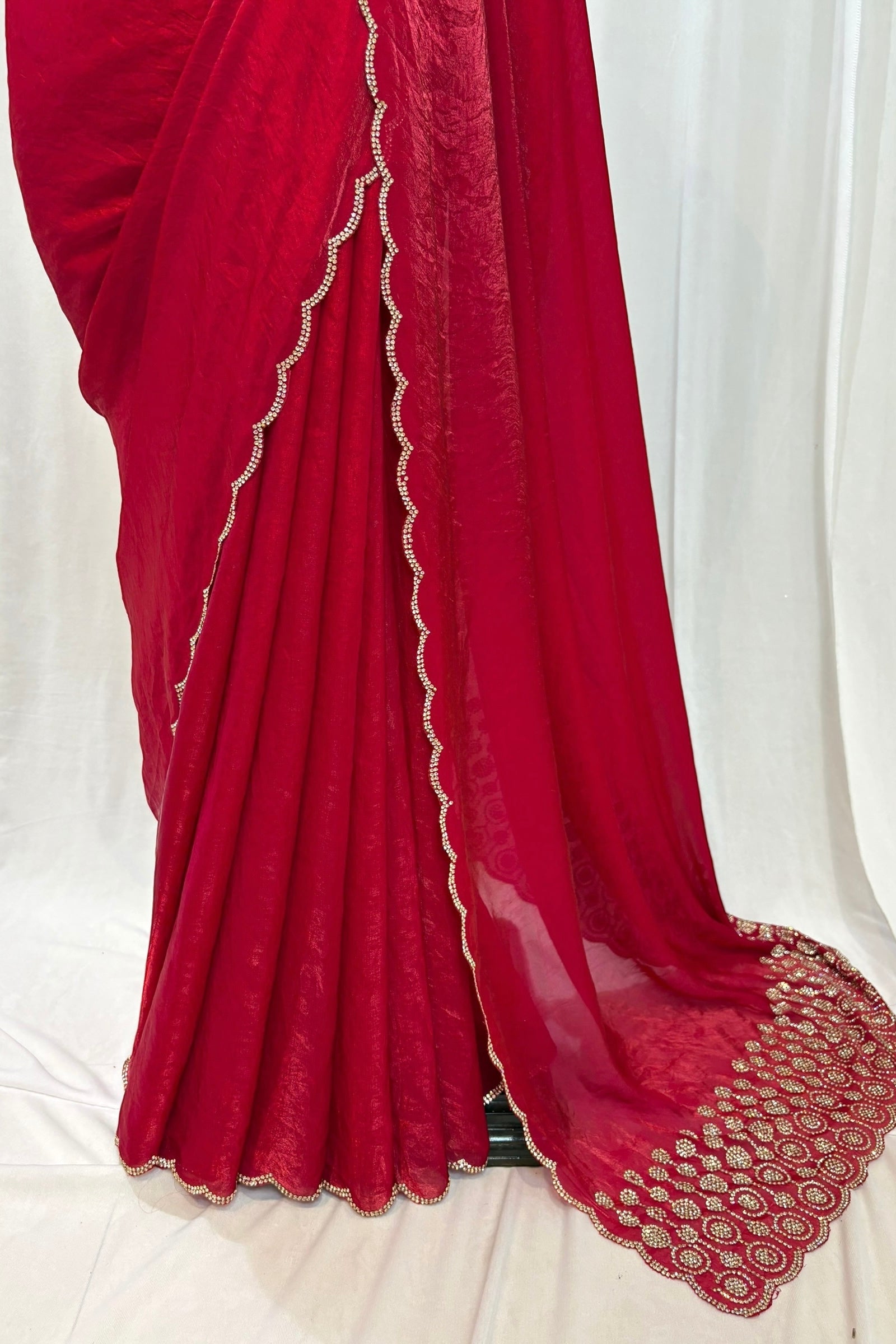 Crimson fendy satin embellished saree