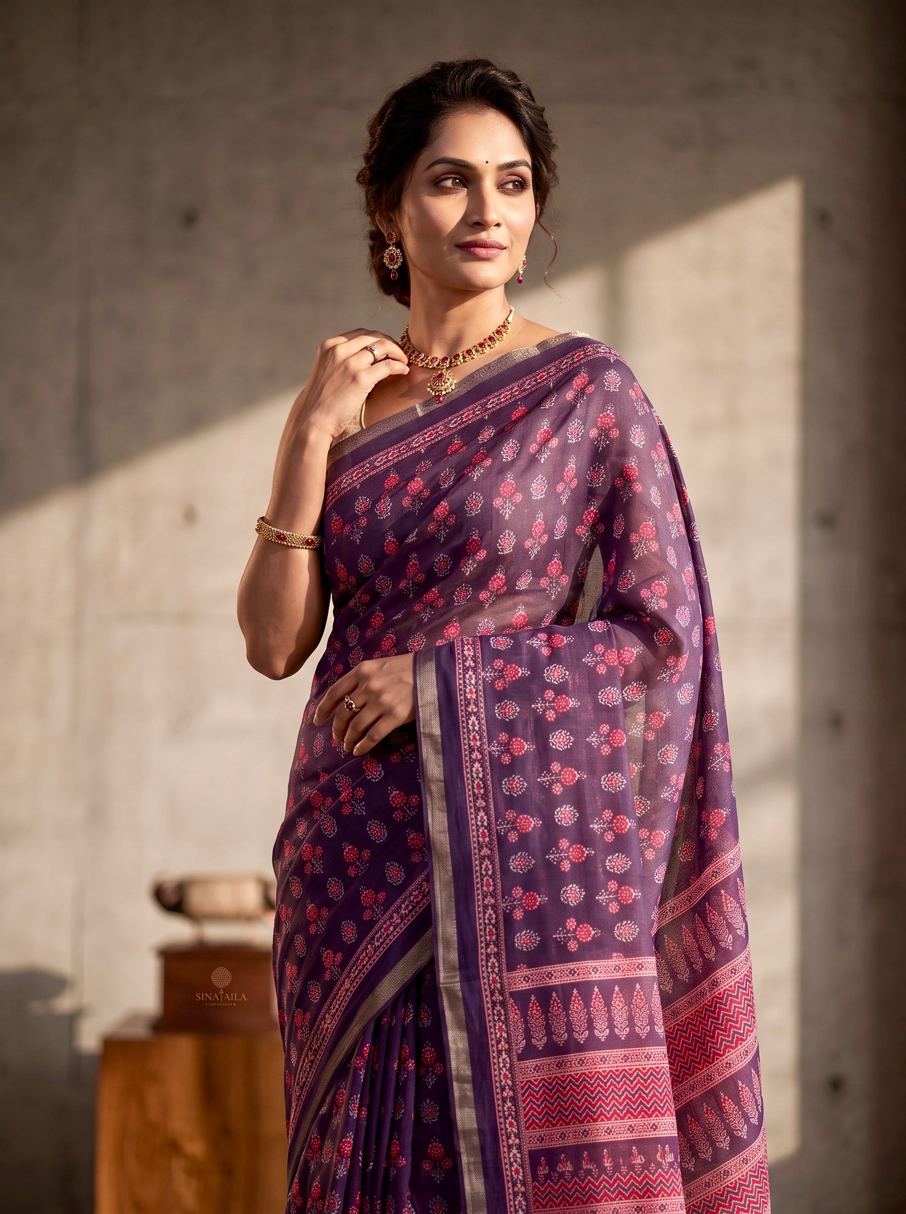 Soft muslin cotton saree - Purple